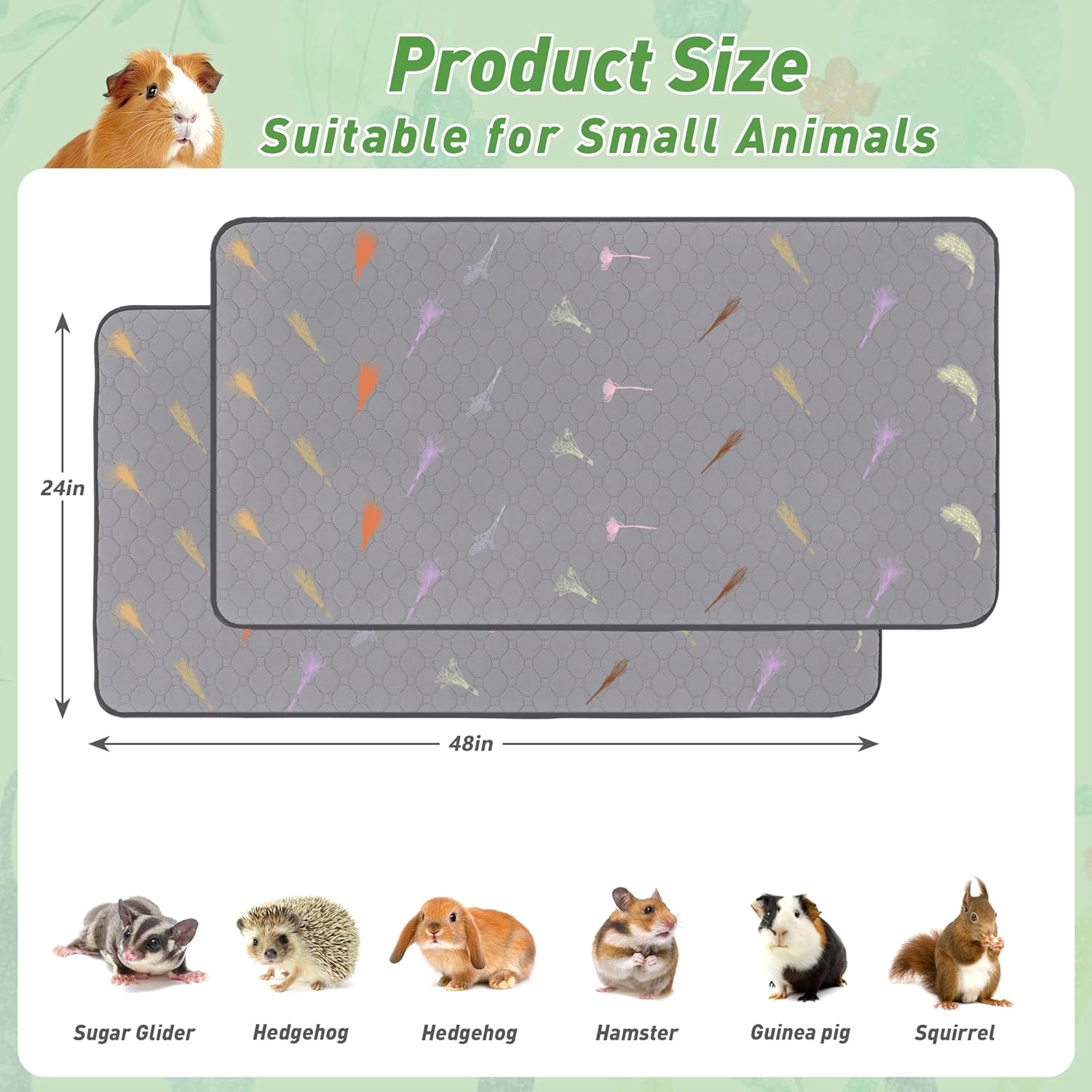 2Pcs Guinea Pig Cage Liners,Guinea Pig Fleece Cage Liners24''X48'' Super Absorbent Washable Pee Pads Reusable for Rabbit Hamster Chinchilla - Happypetzone.online - Image 2