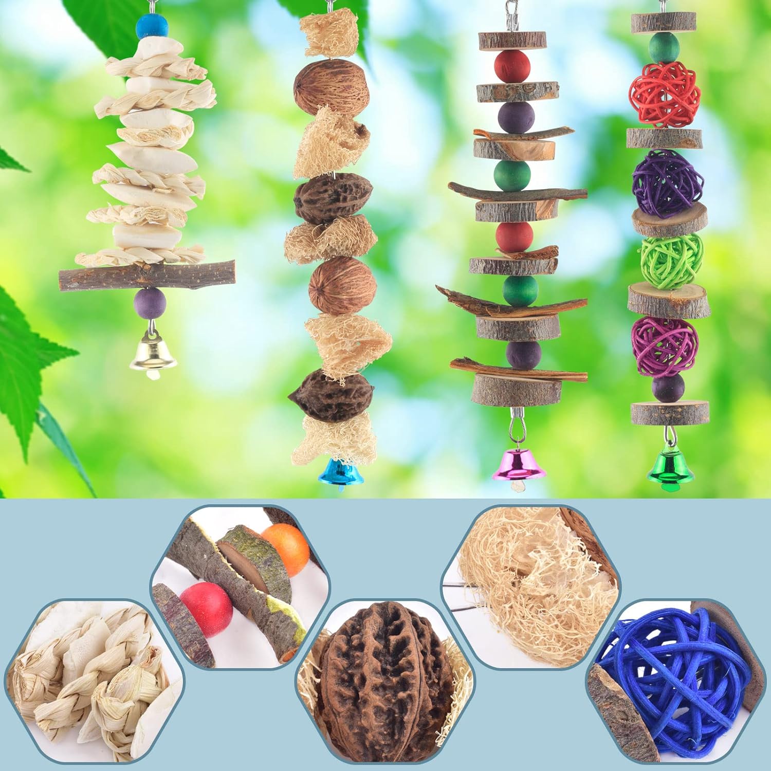 Bissap Bird Chew Toys, 5 Packs Parakeet Natural Wood Toys Parrot Hanging Cage Toy Bird Perch Stand for Small Bird Conure Cockatiel Parrotlet Lovebird Budgie - Happypetzone.online - Image 5