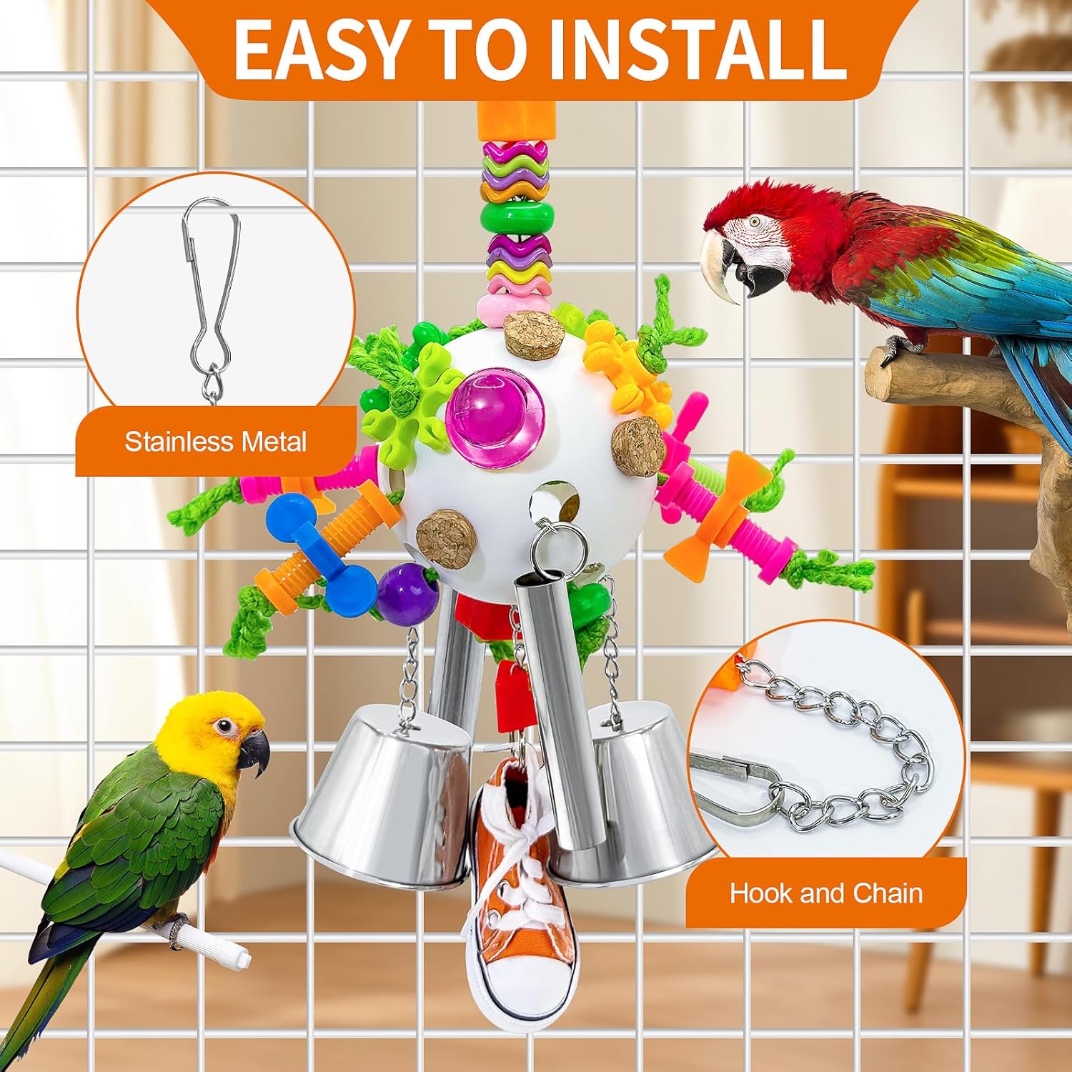 Bird Toys, Parrot Pullable Stainless Steel Cup Colorful Acrylic Stick Chew Toys for Amazons Mini Macaws African Greys Cockatoos Conures,Cockatiels, Lovebirds,Parrotlet,Eclectus (White) - Happypetzone.online - Image 6