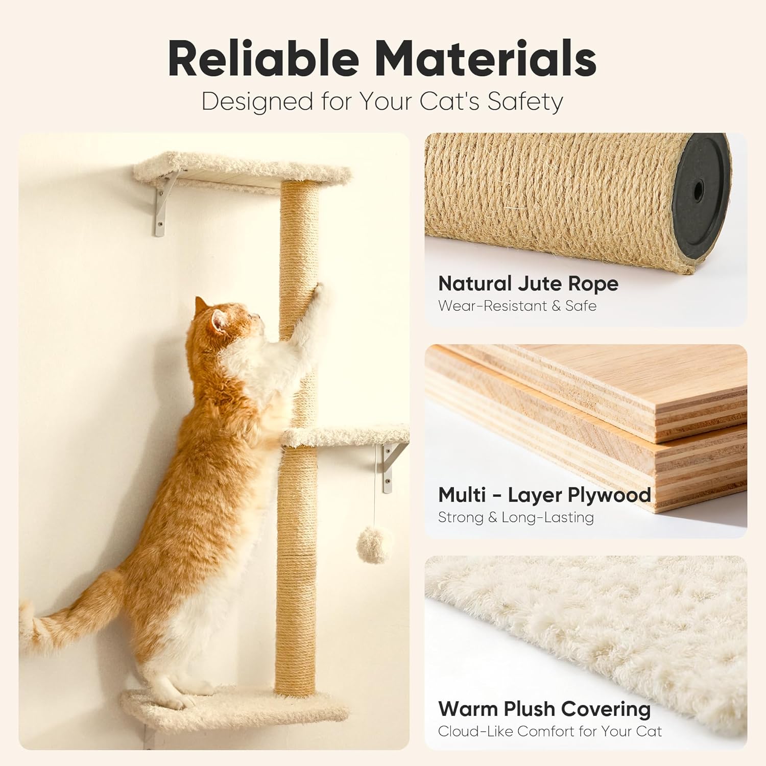 FUKUMARU Cat Wall Shelves, Stable & Safe 5 in 1 Cat Walls Furniture Set, Wooden Kitten Climbing Wall with Scratching Post for 16 Inch Drywall - Beige - Happypetzone.online - Image 3