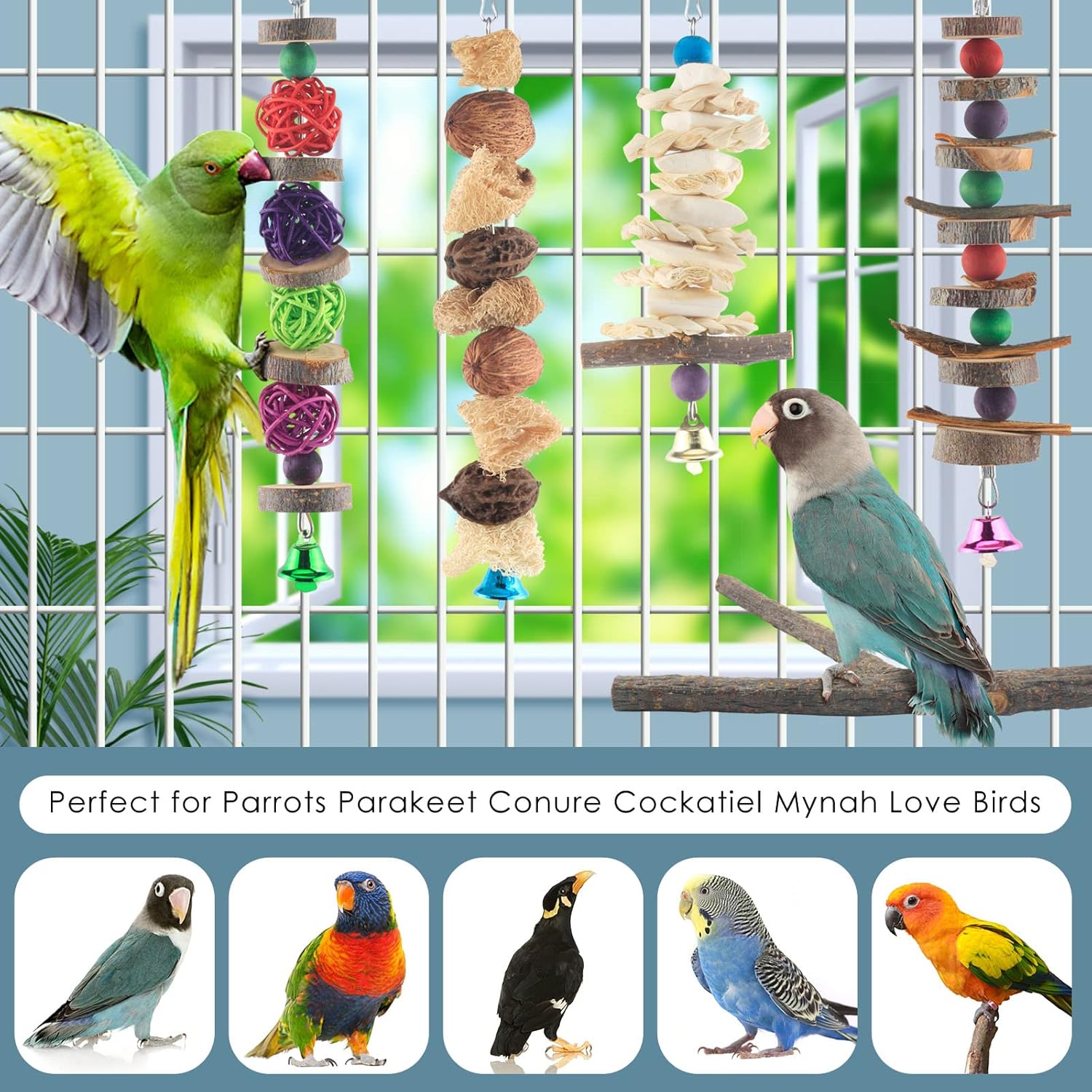 Bissap Bird Chew Toys, 5 Packs Parakeet Natural Wood Toys Parrot Hanging Cage Toy Bird Perch Stand for Small Bird Conure Cockatiel Parrotlet Lovebird Budgie - Happypetzone.online - Image 6