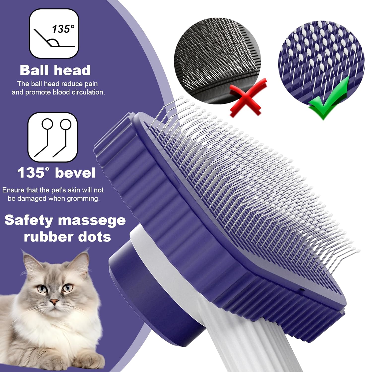 Cat brush, Cat Brush for Long or Short Haired Cats, Remove Loose Fur and Mats, Rounded Pins Reduces Painful Pulling, Not for Tangle and Curly Fur, Dark Blue - Happypetzone.online - Image 2