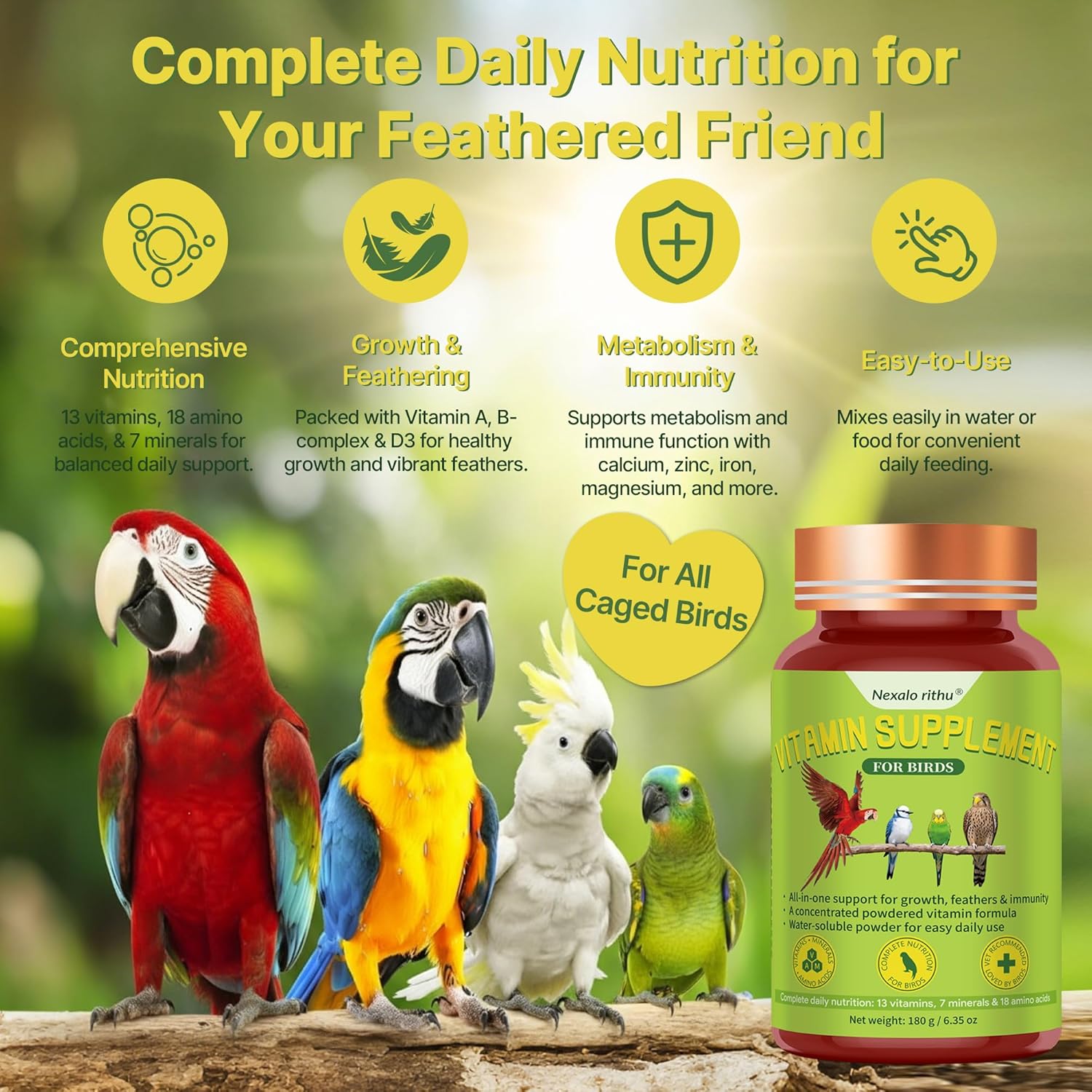 Bird Vitamins for All Cage Birds - Multi-Vitamin for Birds - Supports Bones, Feathers, Energy & Eggshell Quality - Vet-Developed Formula, Dissolves in Water for Easy Daily Use - Net Wt 6.35 oz - Happypetzone.online - Image 2