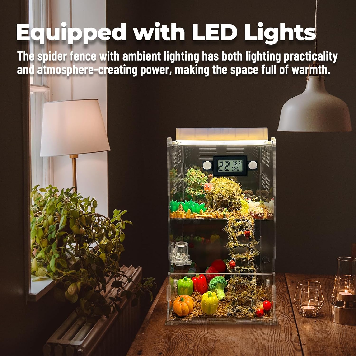 Jumping Spider Enclosure,DIY Insects Habitat,Small Reptile Terrarium Glass House Accessories Set,with Temperature and Humidity Detector Water Feeder Platform Hide,5.5“x5.5”x9.5“ (Farm) - Happypetzone.online - Image 7