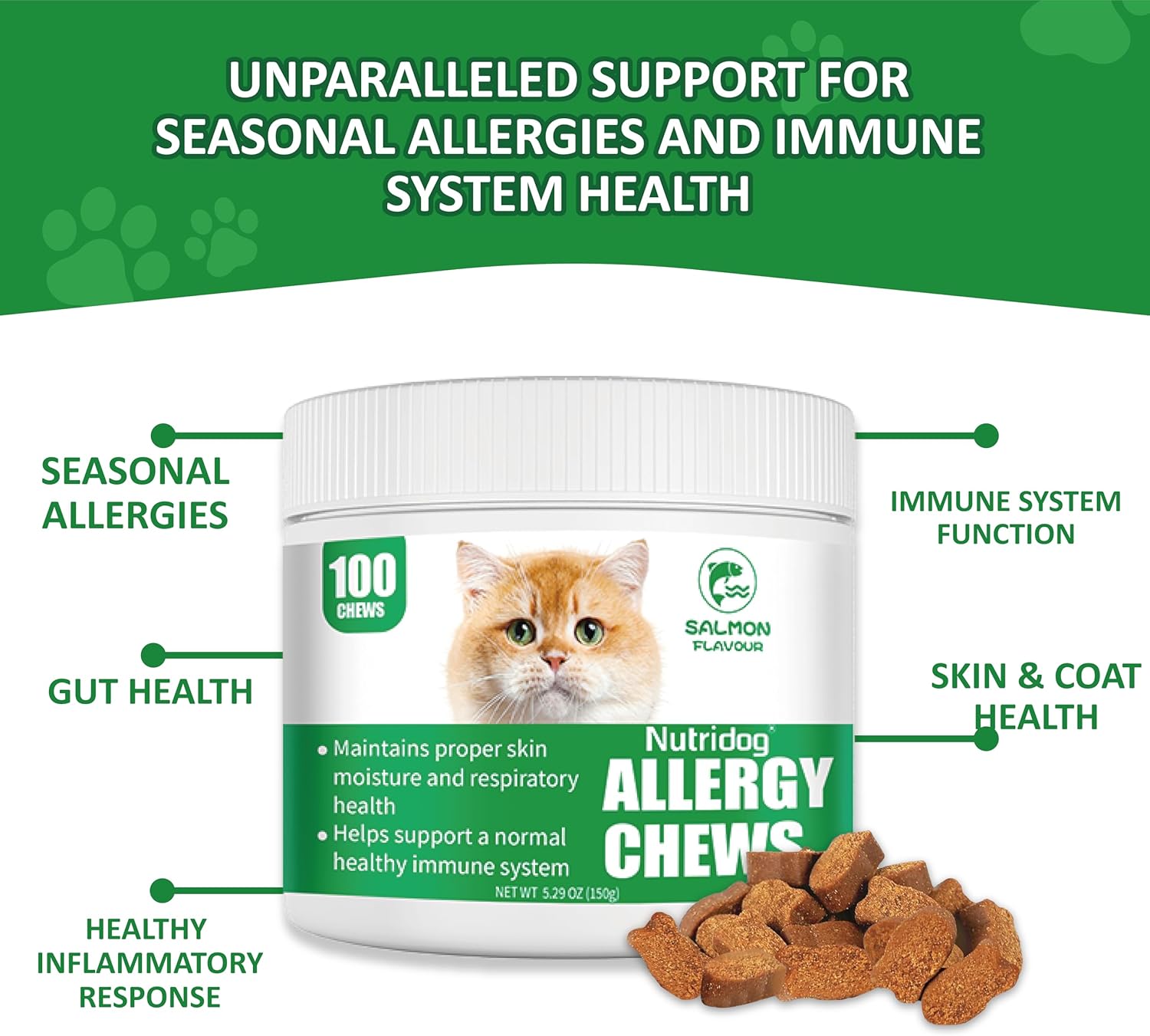 Cat Allergy Relief Chews for Seasonal Allergies - Itchy Skin, Sneezing & Paw Licking Remedy with Colostrum, Probiotics 300M CFU & Omega 3, Salmon Flavor Soft Chews, 100 Count - Happypetzone.online - Image 4