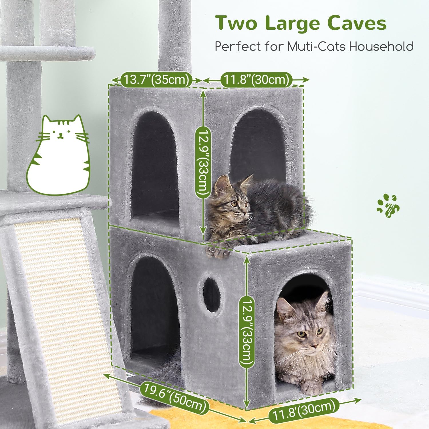 Globlazer Cat Tower for Indoor Adult Cats, 50-inch Heavy Duty Cat Tree House for Big Cats with Extra-Large Padded Platform, Sisal Scratching Board, 2 Large Condos, F50, Light Grey - Happypetzone.online - Image 5