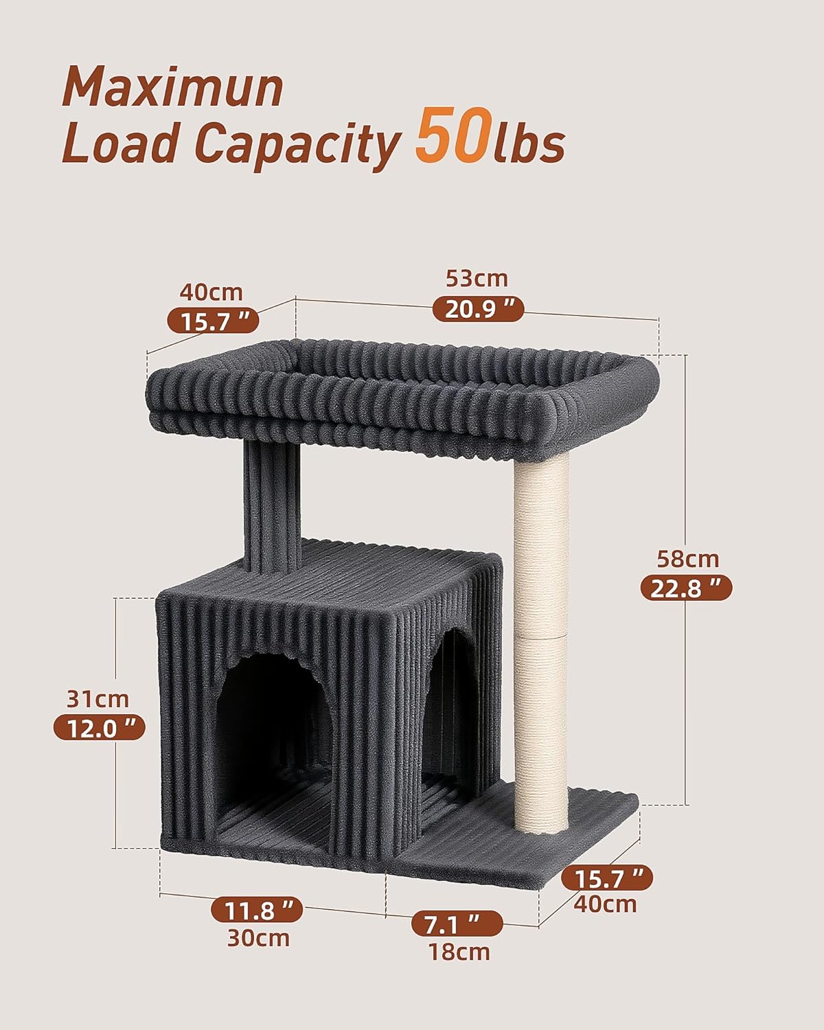 Cat Tree for Large Cat, 20.9 * 15.7in Large Perch Bed for Adult Cats, 22.8in Cat Tower with Scratching Post, Cat Condo with 2-Door for Indoor Cats, Dark Gray - Happypetzone.online - Image 7
