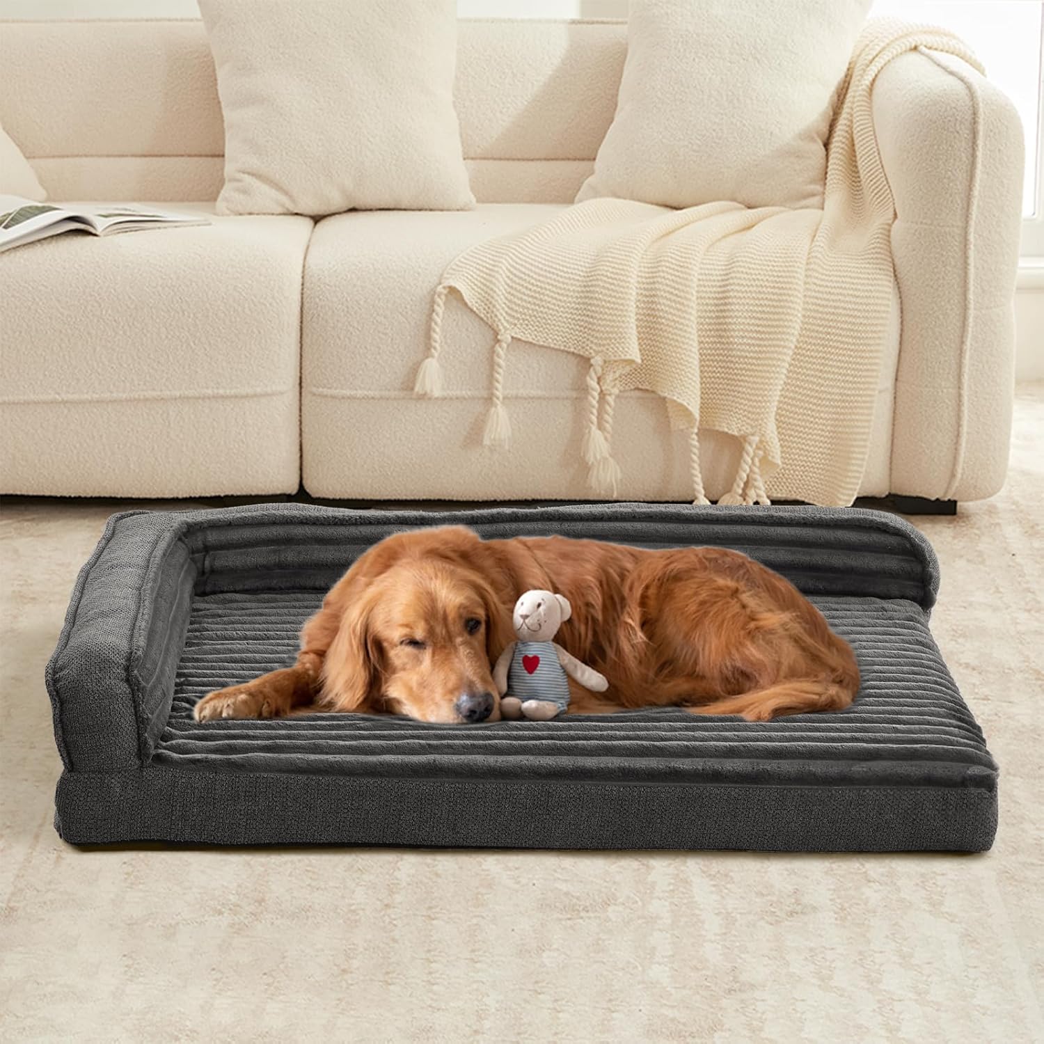 WINDRACING Orthopedic Dog Beds for Large Dogs 40x28 inch, L Shape Waterproof Dog Bed with Bolster Sides, Washable Big Pet Bed with Removable Cover & Non-Slip Bottom, Gray - Happypetzone.online - Image 3