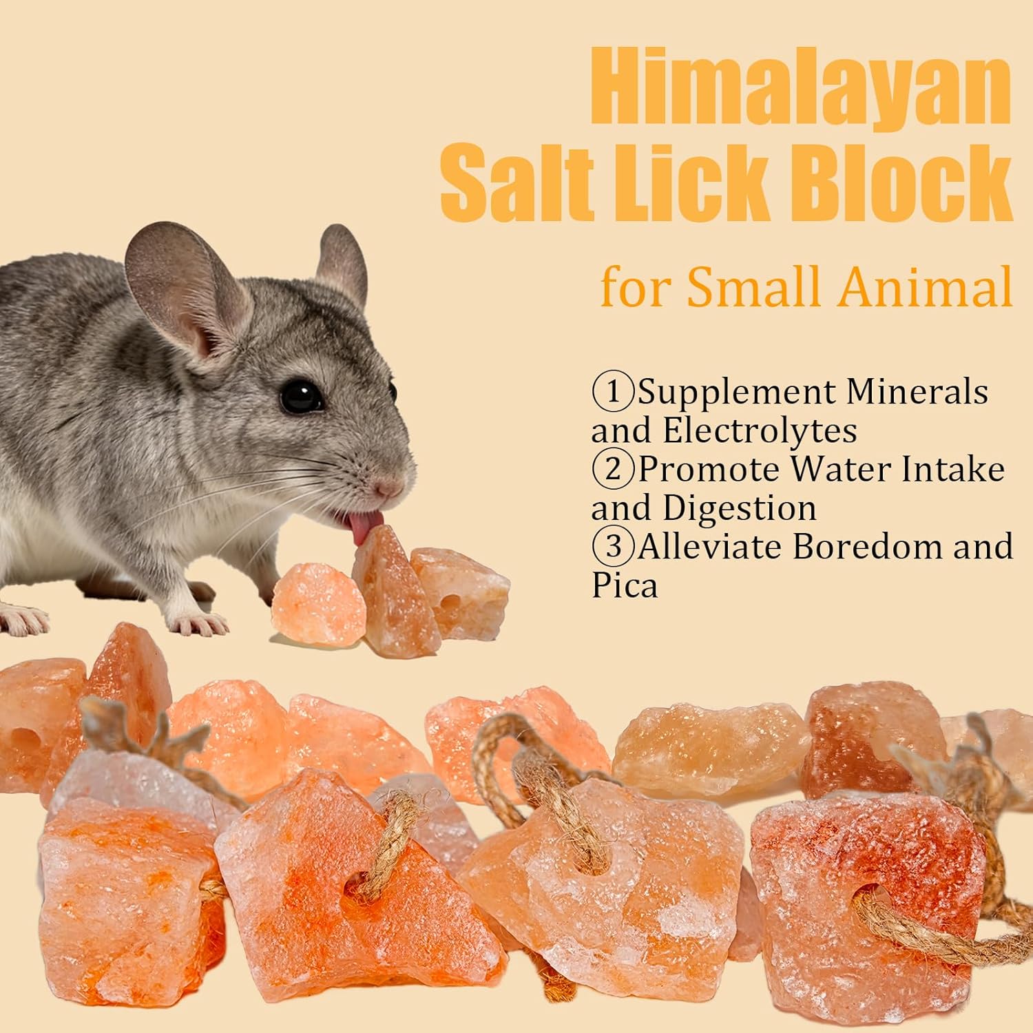 Hamiledyi 16 PCS Rabbit Salt Lick Block Natural Small Animal Himalayan Salt Lick Chew Toys with Hanging Rope Rat Mineral Block Chew Treat Supplies for Bunny Guinea Pig Chinchilla Ferret Hametsr - Happypetzone.online - Image 5
