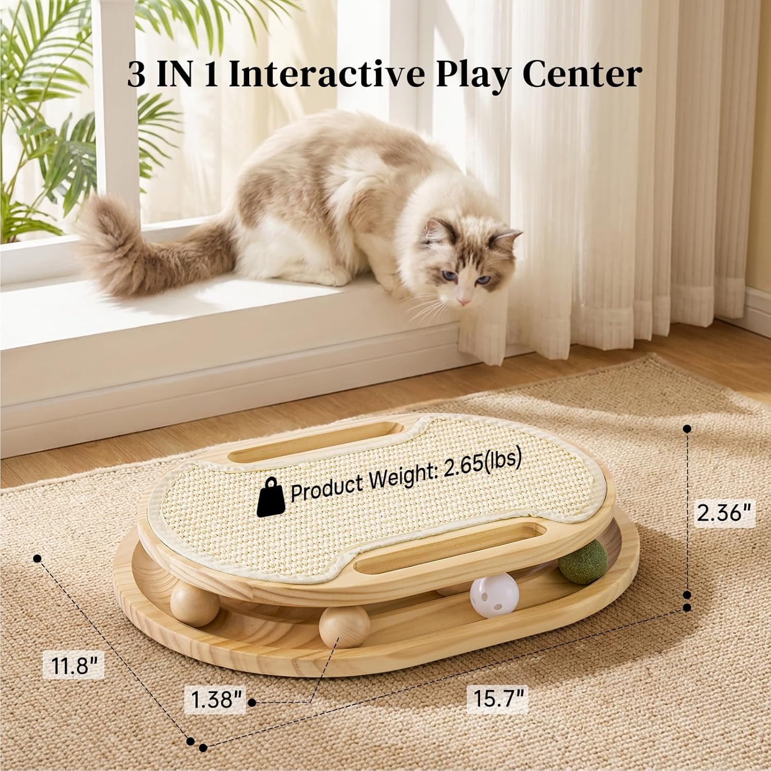 ZOMISIA Cat Scratcher with Ball Track Toy, Sisal Scratch Pad for Indoor Adult Cats, Wooden Interactive Cat Puzzle Toys for Kitten Mental Stimulation Self Play Home Enrichment - Happypetzone.online - Image 2