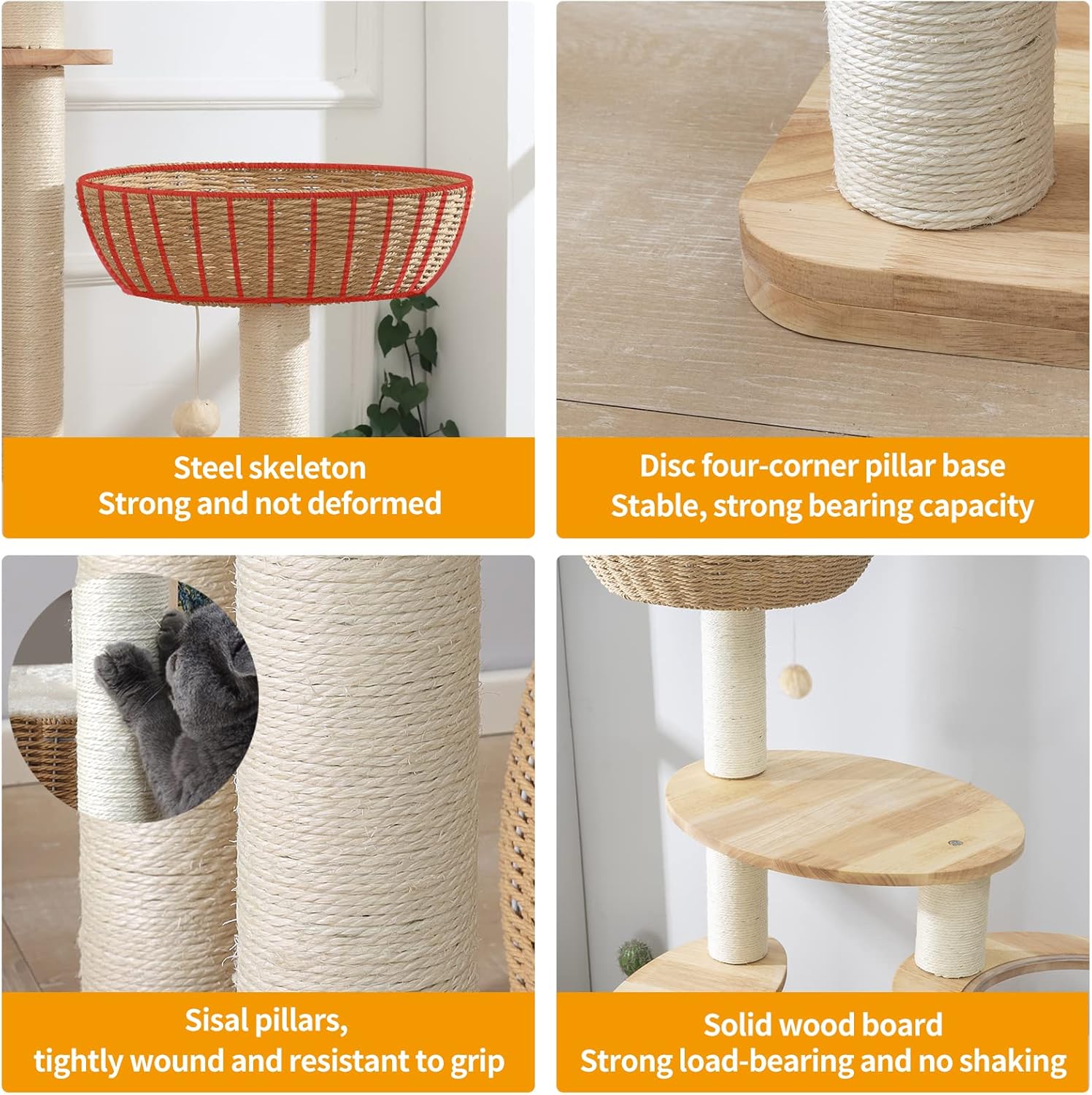 59" Big Modern Cat Tree Tower, Cat Tower Sisal-Covered Scratching Posts for Indoor Cats, Oak Wood Cat Tree for Large Cats, Multi-Level Cat Condo with Space Capsule Nest, Cat Furniture Activity Centre - Happypetzone.online - Image 3