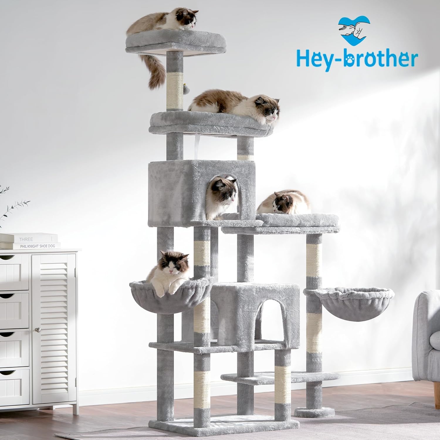 Hey-brother Cat Tree Tower, Scratching Posts with a Extended Part, Wide Platforms, Cozy Condos, Hammocks, Sisal Columns and Ball for Indoor Cats, 70.1 Inches, Light Gray MPJ038W - Happypetzone.online - Image 8