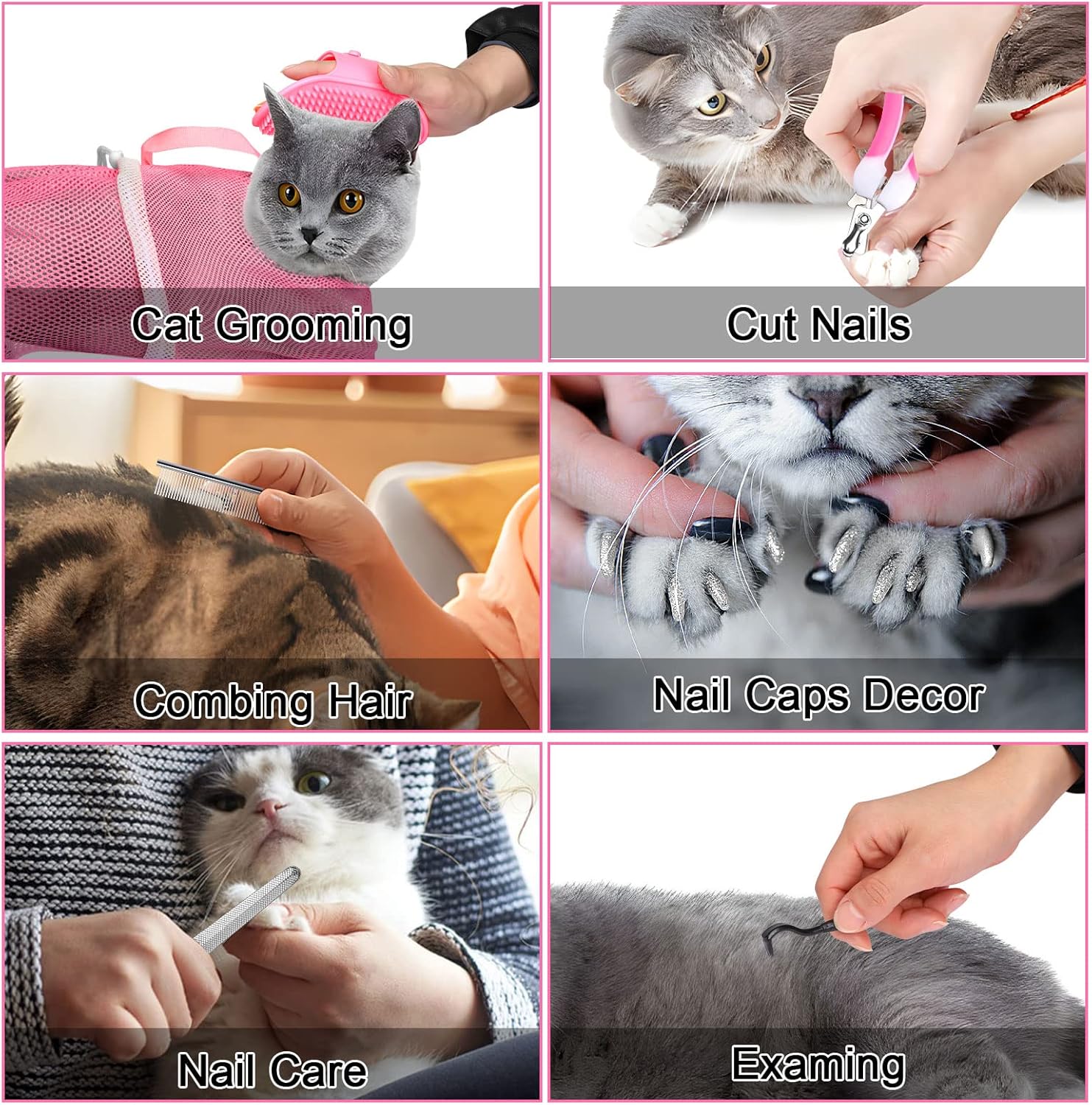 JULMELON Cat Washing Bag 10 PCS Set, Adjustable Cat Shower Net Bag and Pet Grooming Brush with Nail Clipper Nail File Hair Combs Tick Tool Nail Caps for Bathing Nail Trimming Examination(Pink+Grey) - Happypetzone.online - Image 4