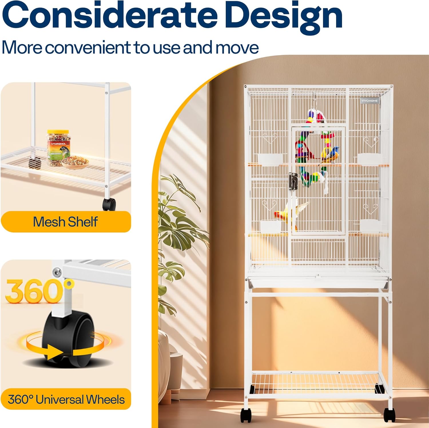 VIVOHOME 54 Inch Wrought Iron Large Bird Flight Cage with Rolling Stand for Parakeets Canaries Cockatiels Lovebirds Conures, White - Happypetzone.online - Image 4