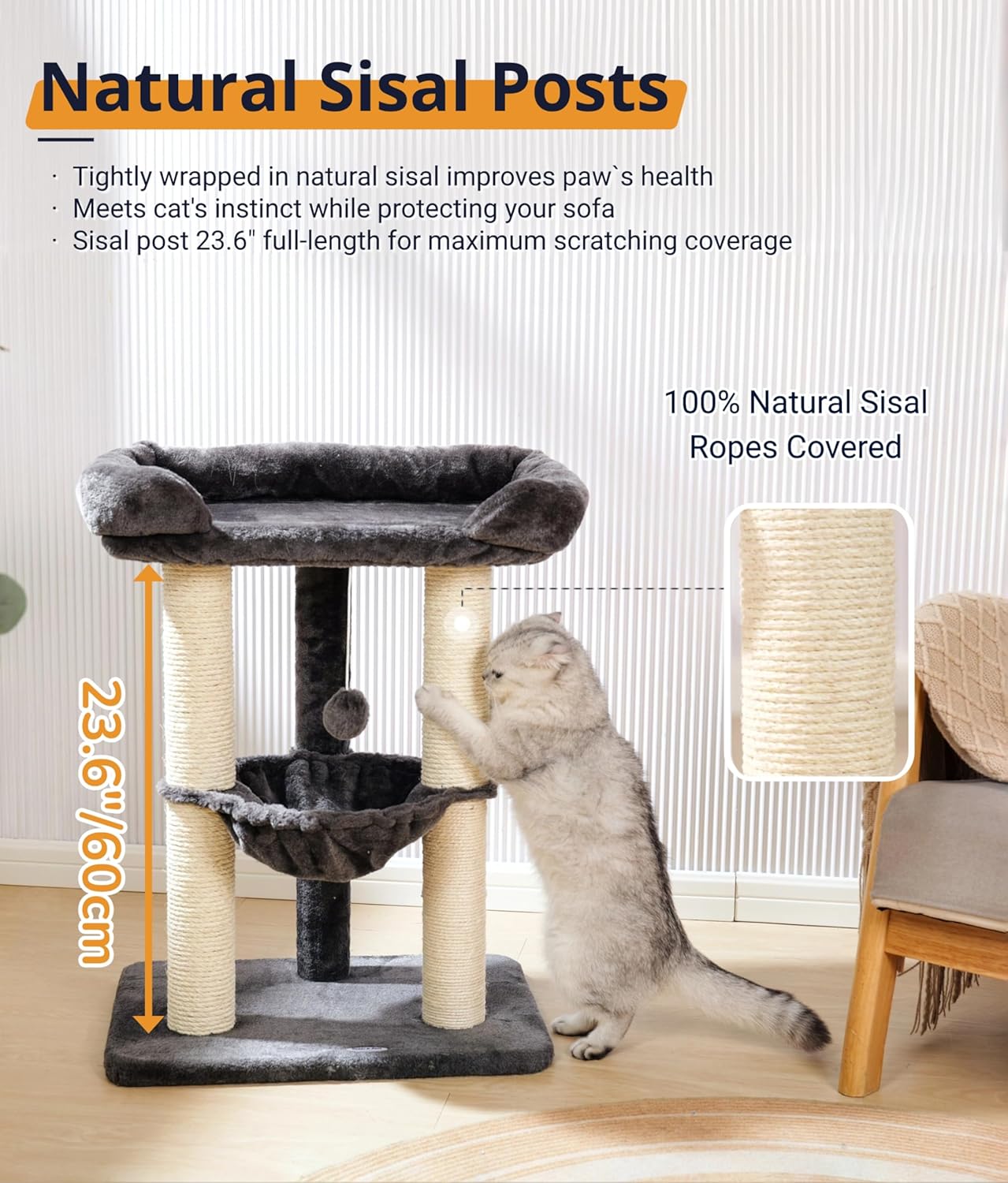 Happi N Pets 28" Cat Tree, Large Bed for Big Cats, Small Cat Tower with Soft Perch for Window Viewing, Stable Cat Tree Tower, Cat Scratching Post with Hammock, Removable Cover-Gray - Happypetzone.online - Image 7