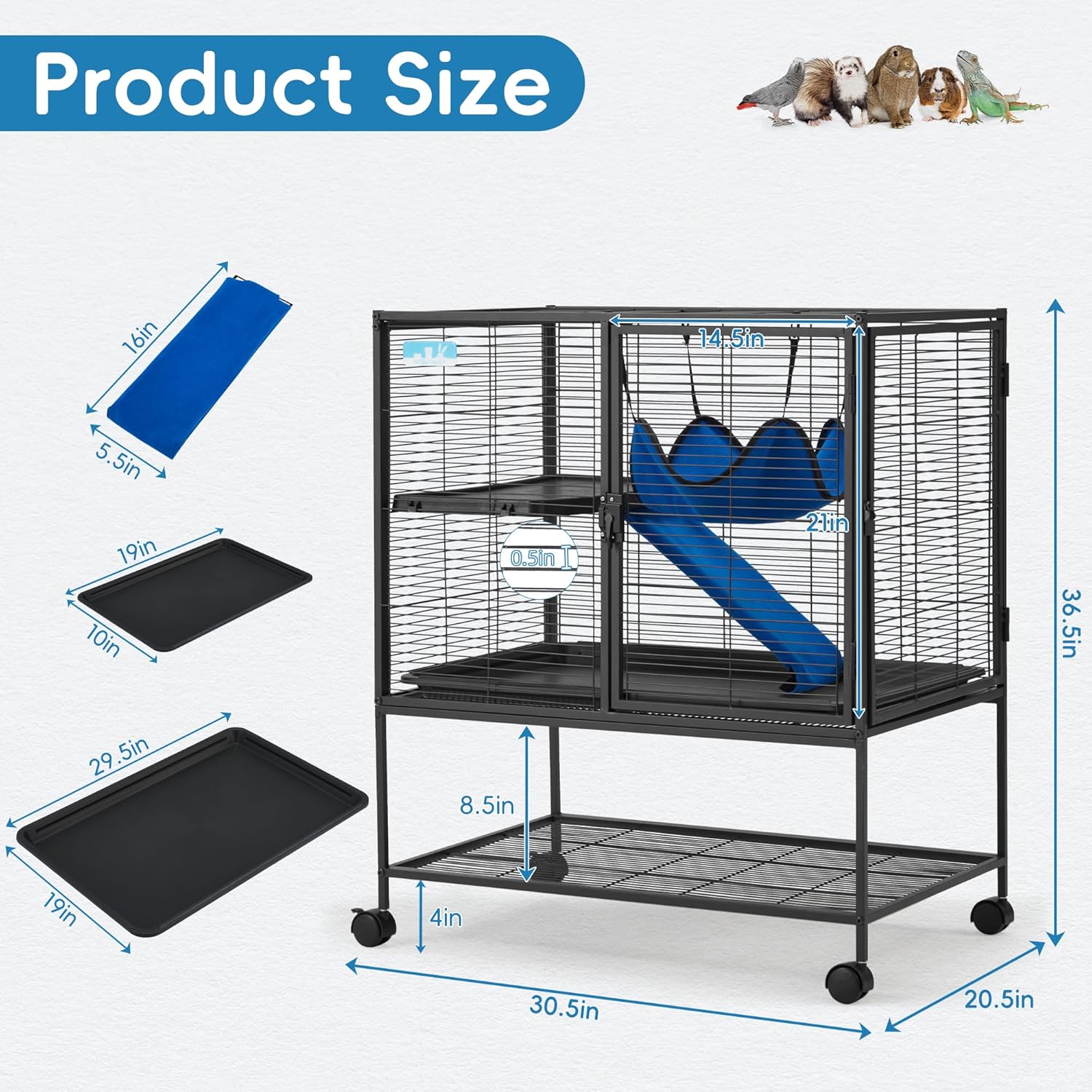 HABUTWAY 36.5''H Large Metal Rolling Ferrets Cage, 2-Tiers Small Animal Cages, Cage for Rats/Chinchillas, 0.5'' Bar Spacing for Ferret,Small Animal Cage w/Removable Ramp & Platform - Happypetzone.online - Image 3