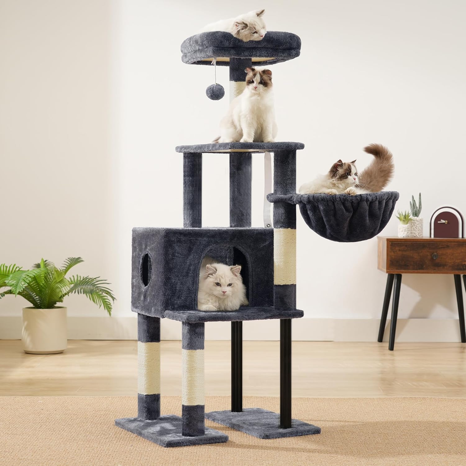 Heybly Cat Tree, 49.2 Inches Cat Tower for Indoor Cats, Spacious Cat House Condo with Hidden Space,Sturdy Steel Tube,Soft Plush Top Perch,Cozy Hammock and Sisal Scratching Posts, Smoky Gray HCT200SG - Happypetzone.online - Image 4