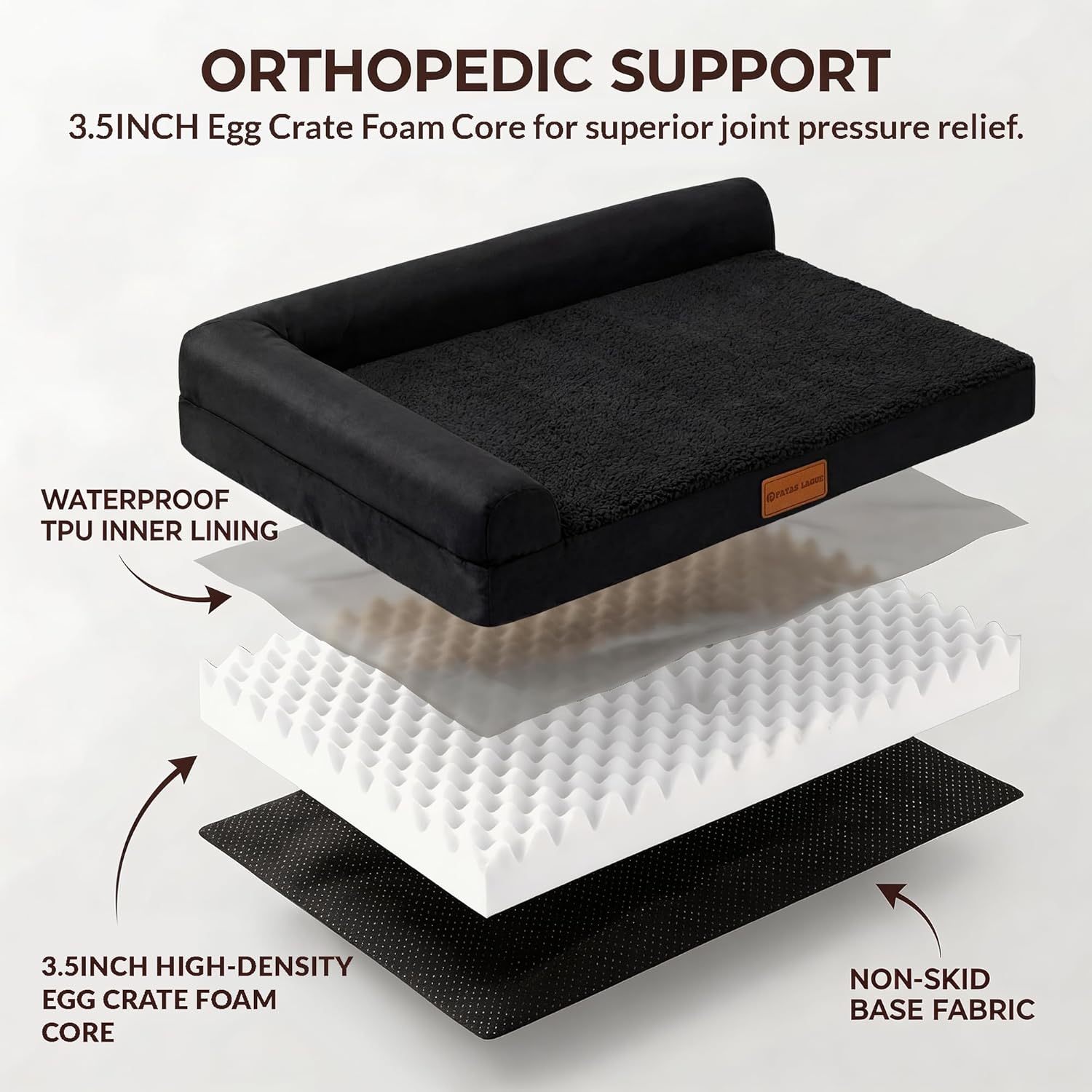 Patas Lague Orthopedic Dog Bed Large Sized Dog 36''X24'', Waterproof L Bolster Medium Pet Sofa Beds with Removable Washable Cover, Soft Comfortable Pet Couch Crate Mat with Nonskid Bottom, Black - Happypetzone.online - Image 4