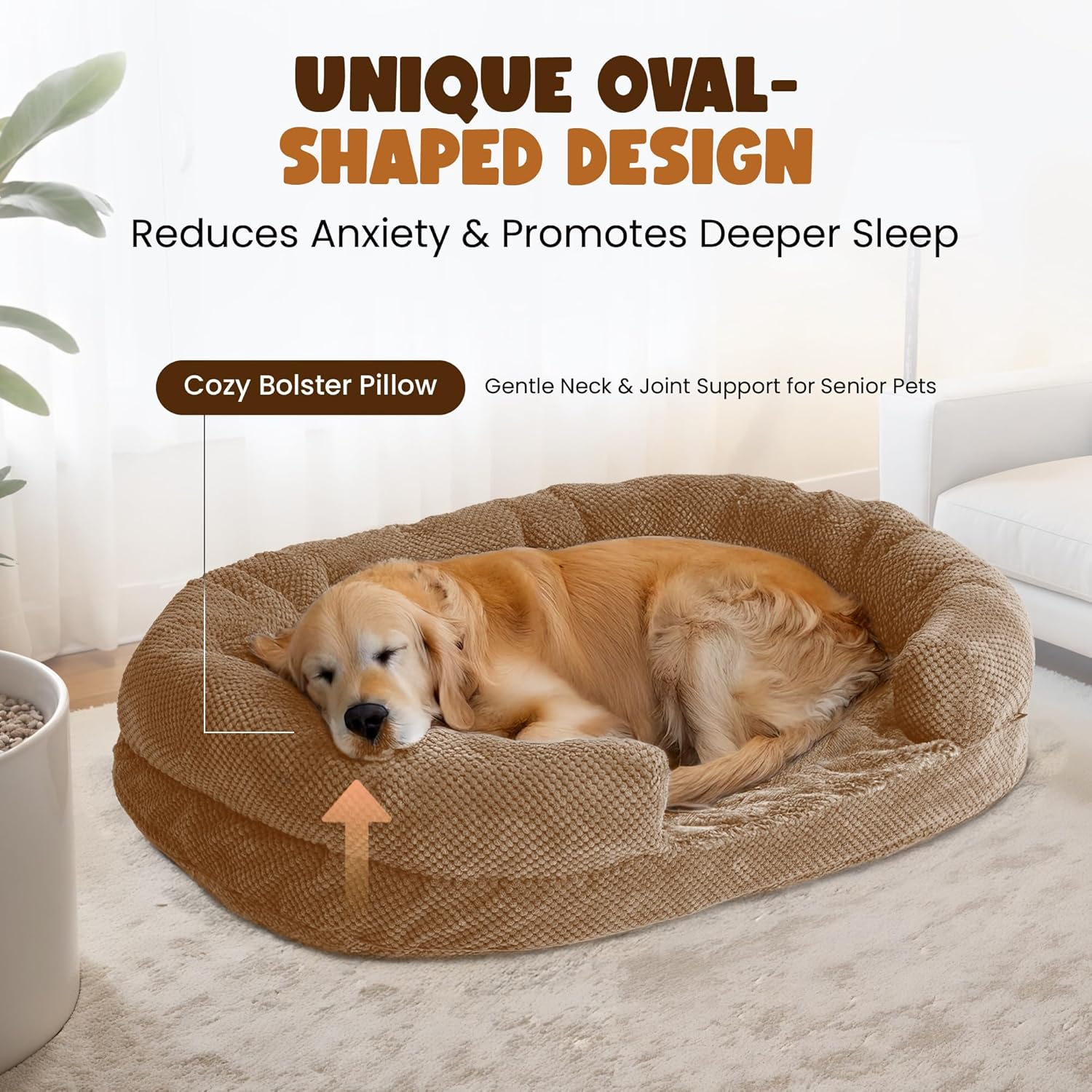 Orthopedic Dog Bed for Extra Large Dogs, XXL 52 Inches Oval Pet Bed with Memory Foam, Removable Washable Cover, Bolstered Sides, Non-Slip Bottom, Designed for Senior Dogs, Camel - Happypetzone.online - Image 3
