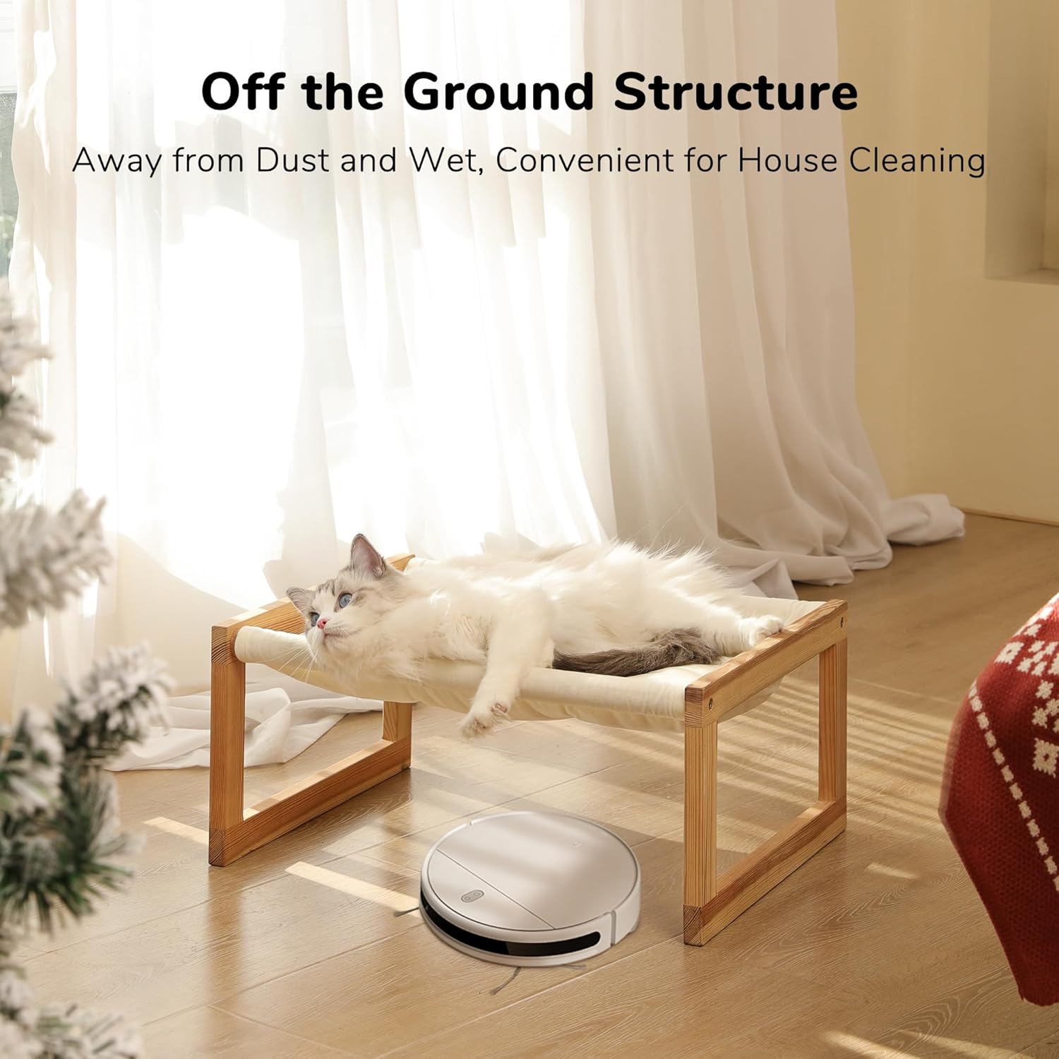 FUKUMARU Cat Bed Hammock, Cozy Velvet Cat Couch for Indoor Cats, Raised Wooden Cats Perch, 21 Inch Pet Sofa, Outdoor Dog Beds, Suitable for Puppy, Bunny and Small Animal, White - Happypetzone.online - Image 4