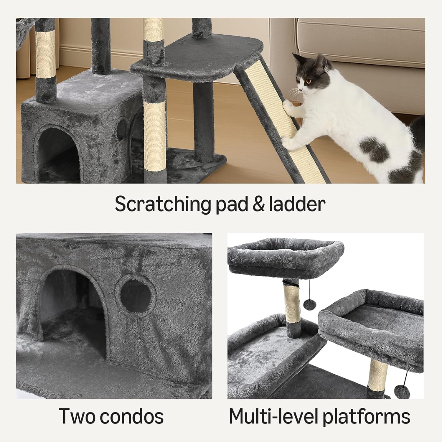 Amazon Basics Large Cat Tree Tower, Multi-Level Activity Center with 2 Large Condos, Multiple Sisal Scratching Posts and Hanging Pompoms, Gray, 68 Inches - Happypetzone.online - Image 5