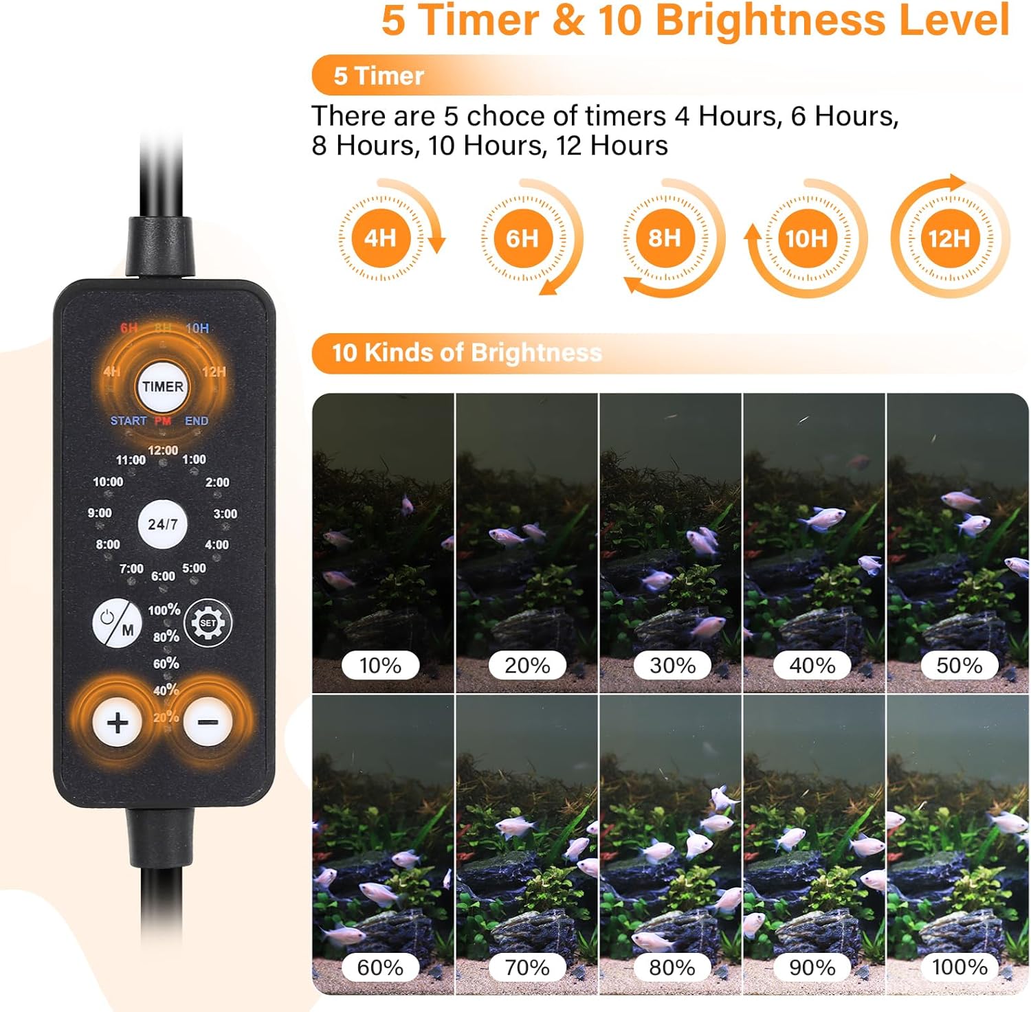 hygger Submersible LED Aquarium Light, 14W 15in 24/7 Mode Fish Tank Light with 5 Rows Beads, with Timer 9 Colors and Adjustable Brightness, Full Spectrum IP68 Waterproof Light for Fish Tank 16-27 inch - Happypetzone.online - Image 3
