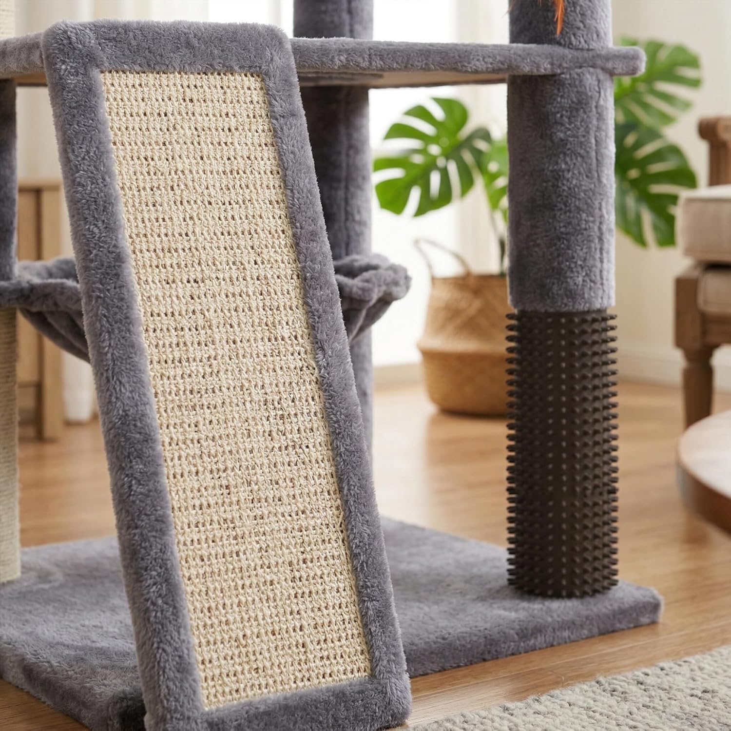 Multi-Level Cat Tree for Indoor Cats, Cat Tree Tower with Big Cat Hammock and Self-Grooming Brush, Cat Tower with Scratch Ladder, Indoor Climbing Activity Tower with Scratching Posts, Grey - Happypetzone.online - Image 5