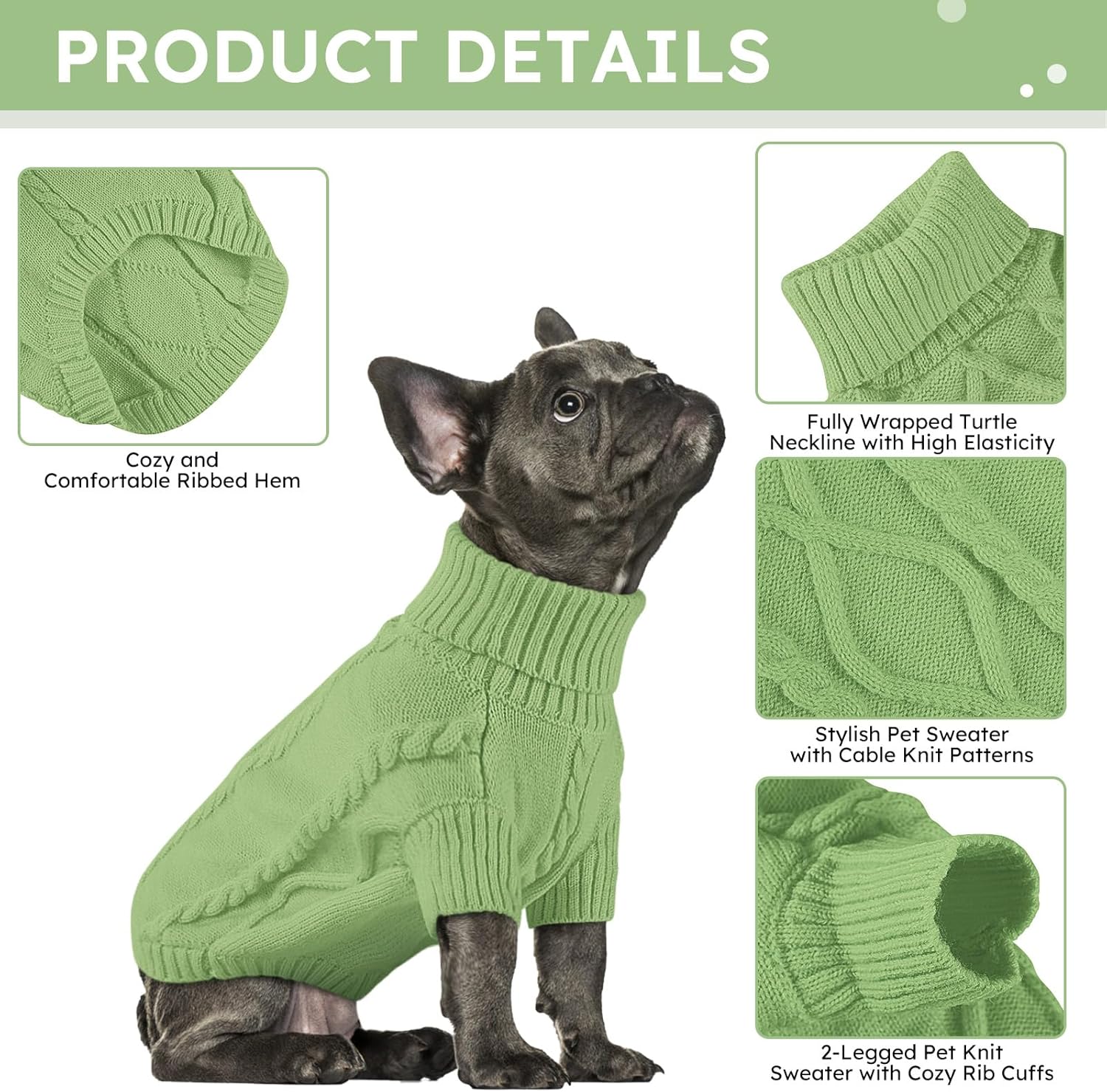 Queenmore Small Dog Pullover Sweater, Cold Weather Cable Knitwear, Classic Turtleneck Thick Warm Clothes for Chihuahua, Bulldog, Dachshund, Pug, Yorkie (Green, Small) - Happypetzone.online - Image 2