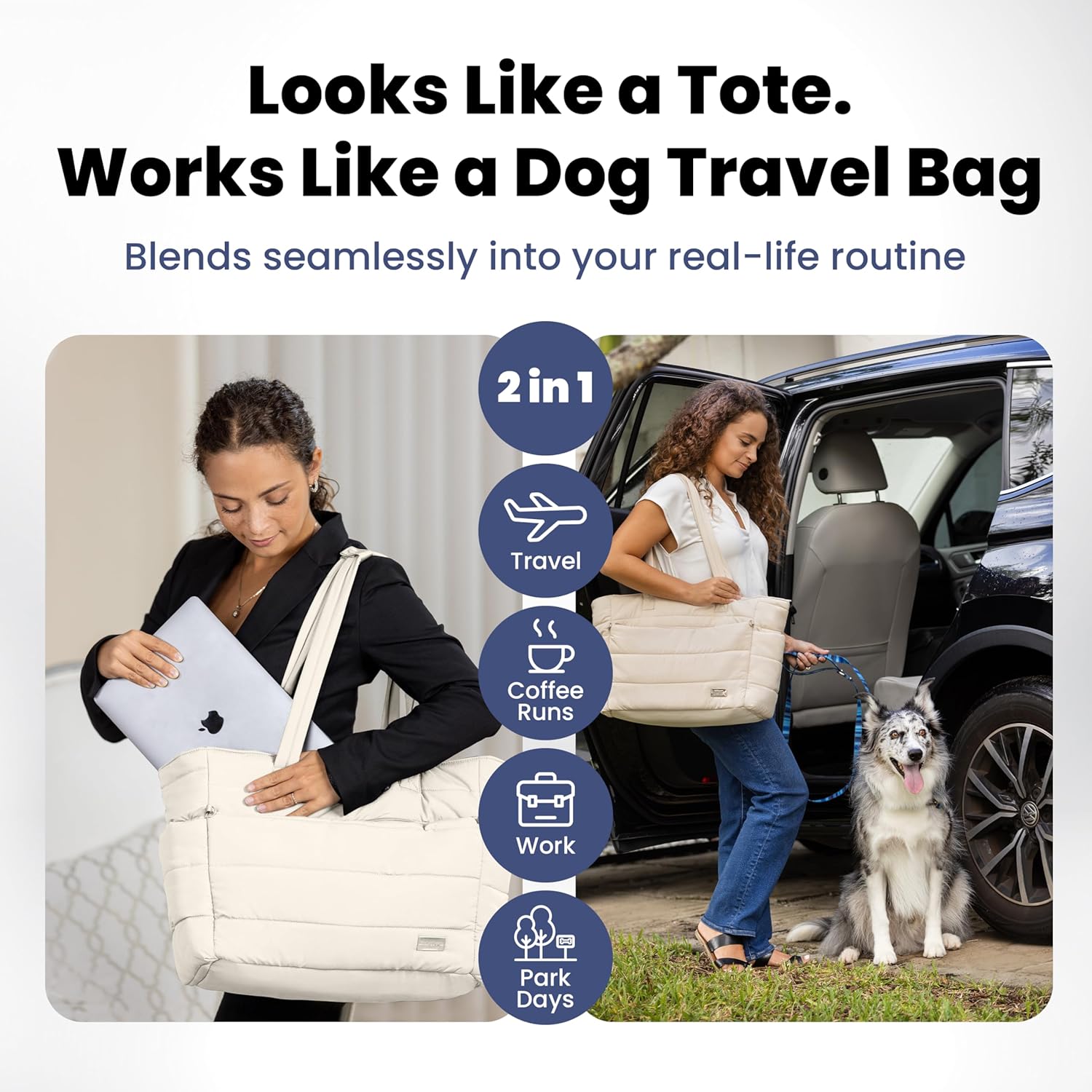 rubyloo Puffer Dog Travel Bag for Dog Moms – Doggy Diaper Bag with Pet Bowls & Food Storage or Everyday Puffy Tote – Doggy Mom Gifts for Women – Lightweight, Travel-Ready Gift for Pet Lovers – Beige - Happypetzone.online - Image 2