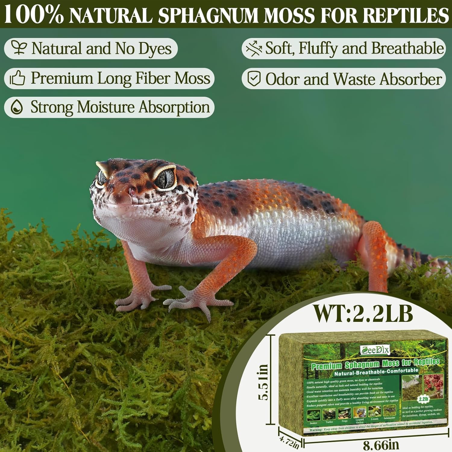 ZeeDix 2.2 lb Sphagnum Moss for Reptiles,20 qt Reptile Bedding Substrate Tank Accessories Terrarium Moss, Green Forest Moss for Leopards Geckos Snakes Turtles Frogs - Happypetzone.online - Image 2