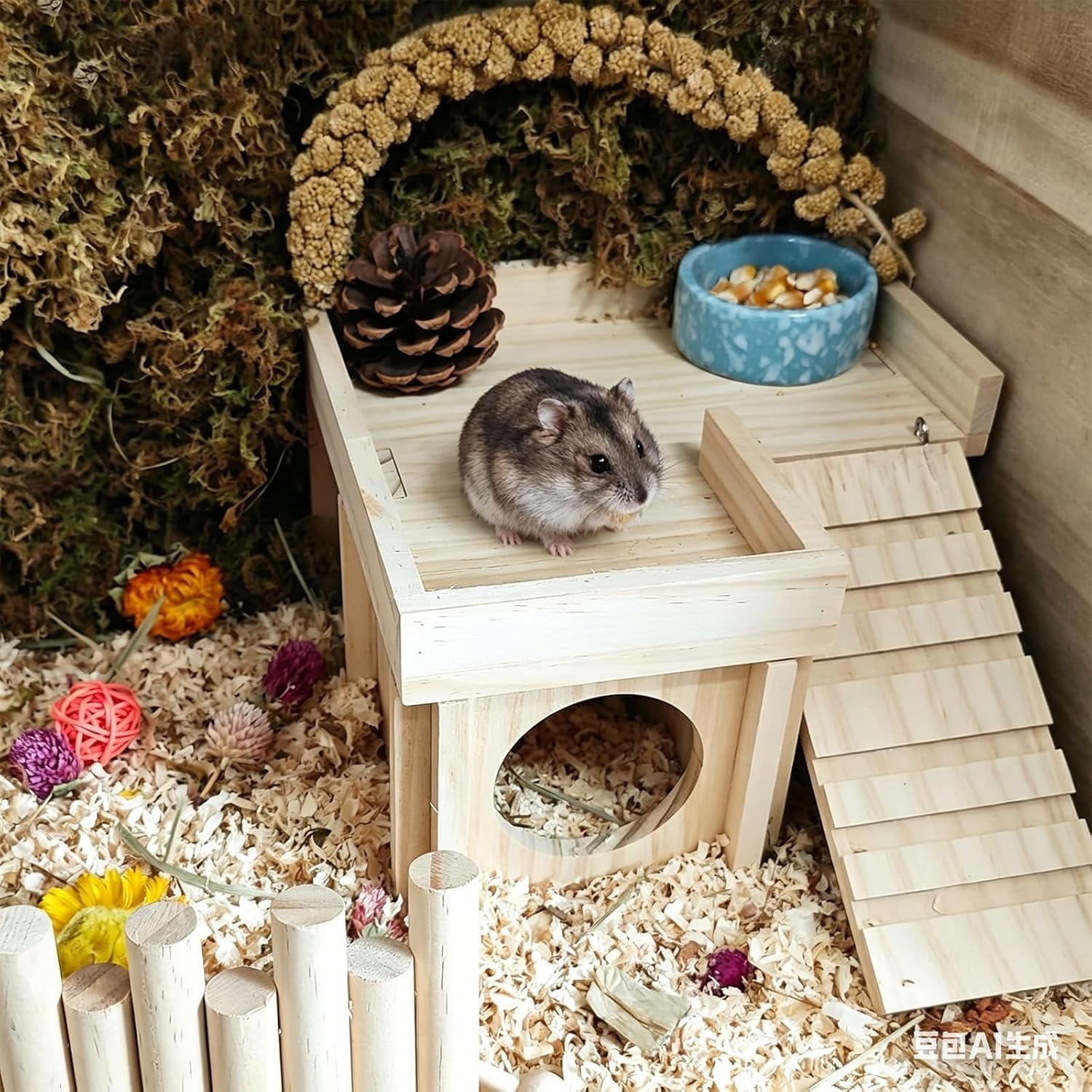 Wooden Hamster Hideout,Dwarf Hamster Hide House with Platform & Bowl & Ladder,Small Hamsters Maze Hut Hides Habitats Decor Cage Accessories for Gerbils,Mice,Mouse - Happypetzone.online - Image 8