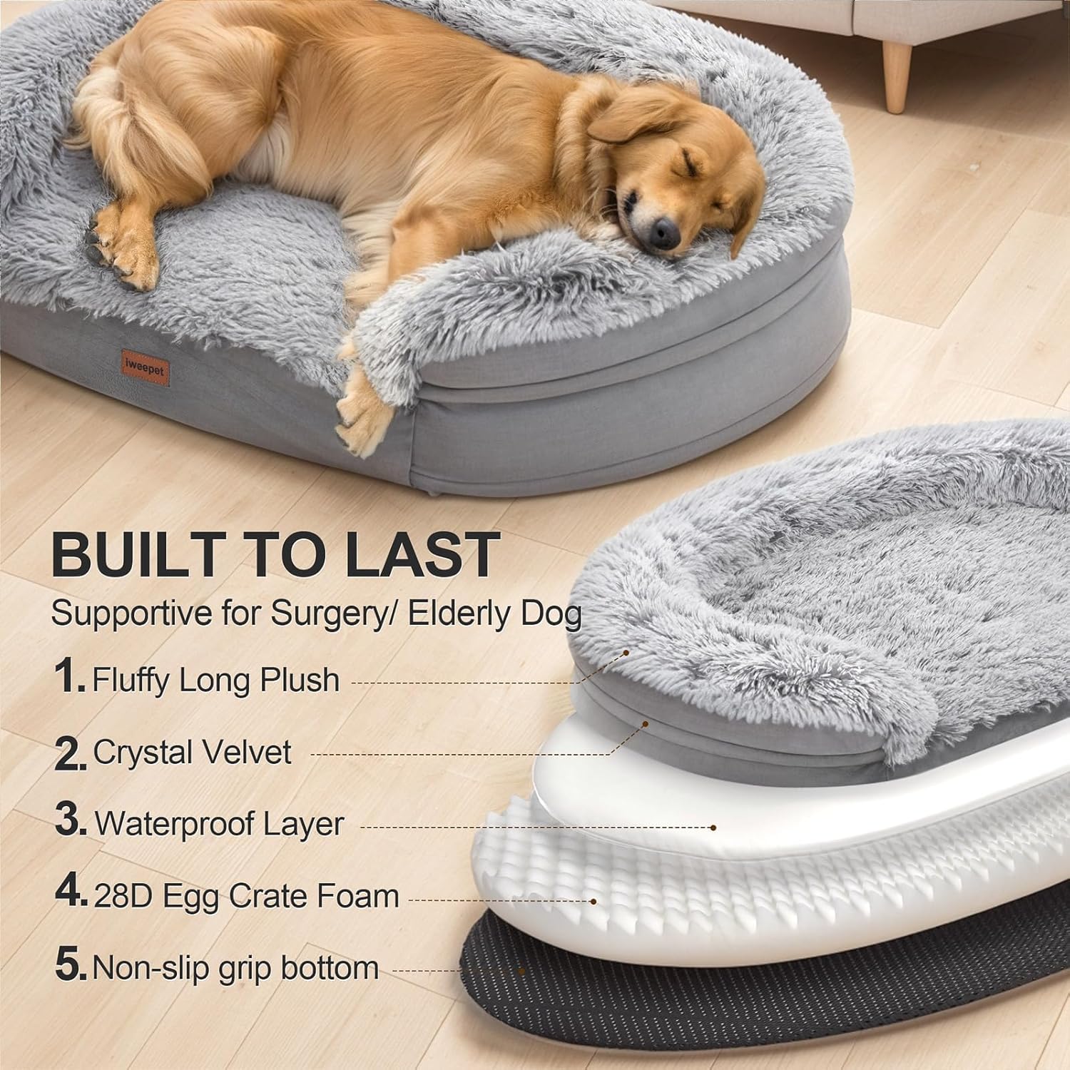 iweepet 3.7 inch Thickened Orthopedic Dog Beds for Extra Large Dogs, Fluffy Supportive Dog Sofa Bed with 28D Egg-Crate Foam, Removable Washable Cover, Waterproof Lining, Cozy Oval Design,Grey - Happypetzone.online - Image 8