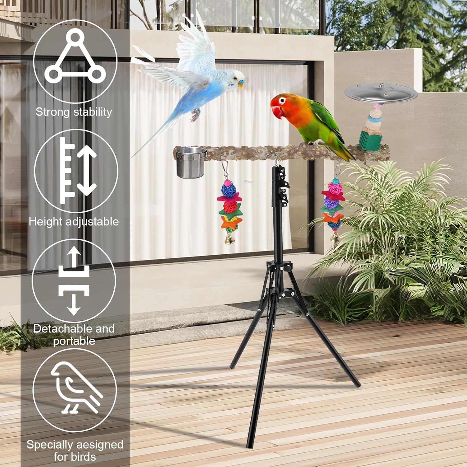 72" Parrot Stand, Adjustable Height Bird Perch, Pepper Wood Perch Stand, Parakeet Perches with Feeding Cups, Swing Toy, Toy Cymbals,Parrot Stands for Indoor & Outdoor Small to Medium Bird. - Happypetzone.online - Image 3