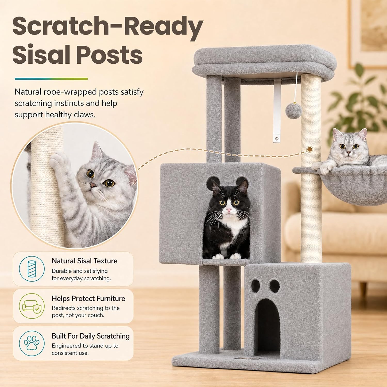 Small Cat Tree Tower for Indoor Cats, 40 in Medium Compact Adults Cat Beds Trees with 2 Condos, Sisal Scratching Post, Large Perch Platform, Multi-Level Kitty Kitten Climbing Stands House(Light Grey) - Happypetzone.online - Image 5