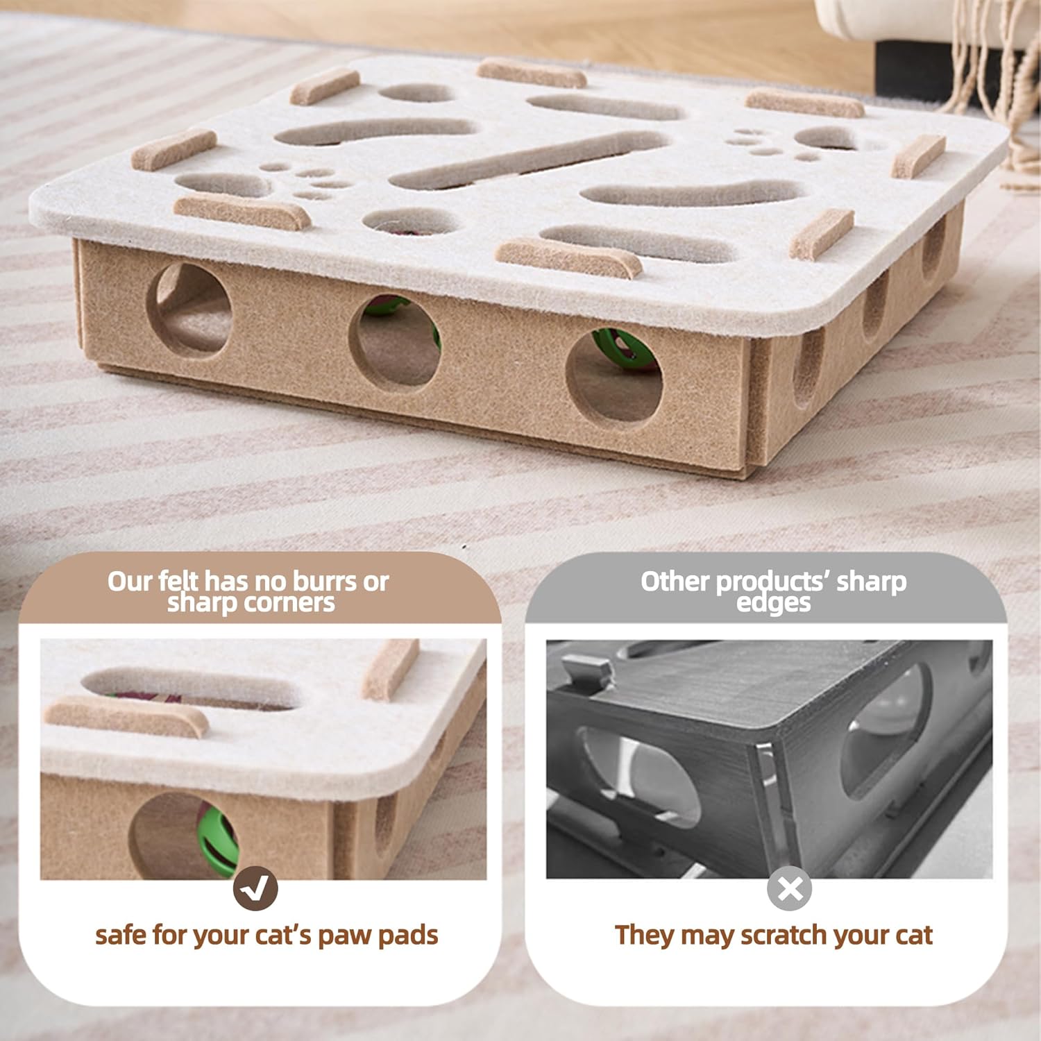 Interactive Cat Puzzle Feeder Toy - Felt Maze Box with 3 Jingle Balls for Indoor Cats Kittens | Mental Stimulation, Slow Feeding, Fun Exercise & Natural Hunting Instincts - Happypetzone.online - Image 4
