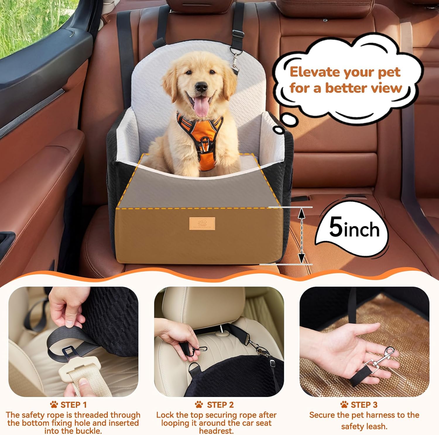 Dog Car Seat for Medium/Small Dogs, Dog Booster Car Seat, Pet Booster Seats Up to 40lbs with Waterproof Layer, 3 Storage Pockets and Safety Belt (Black/Grey) - Happypetzone.online - Image 3