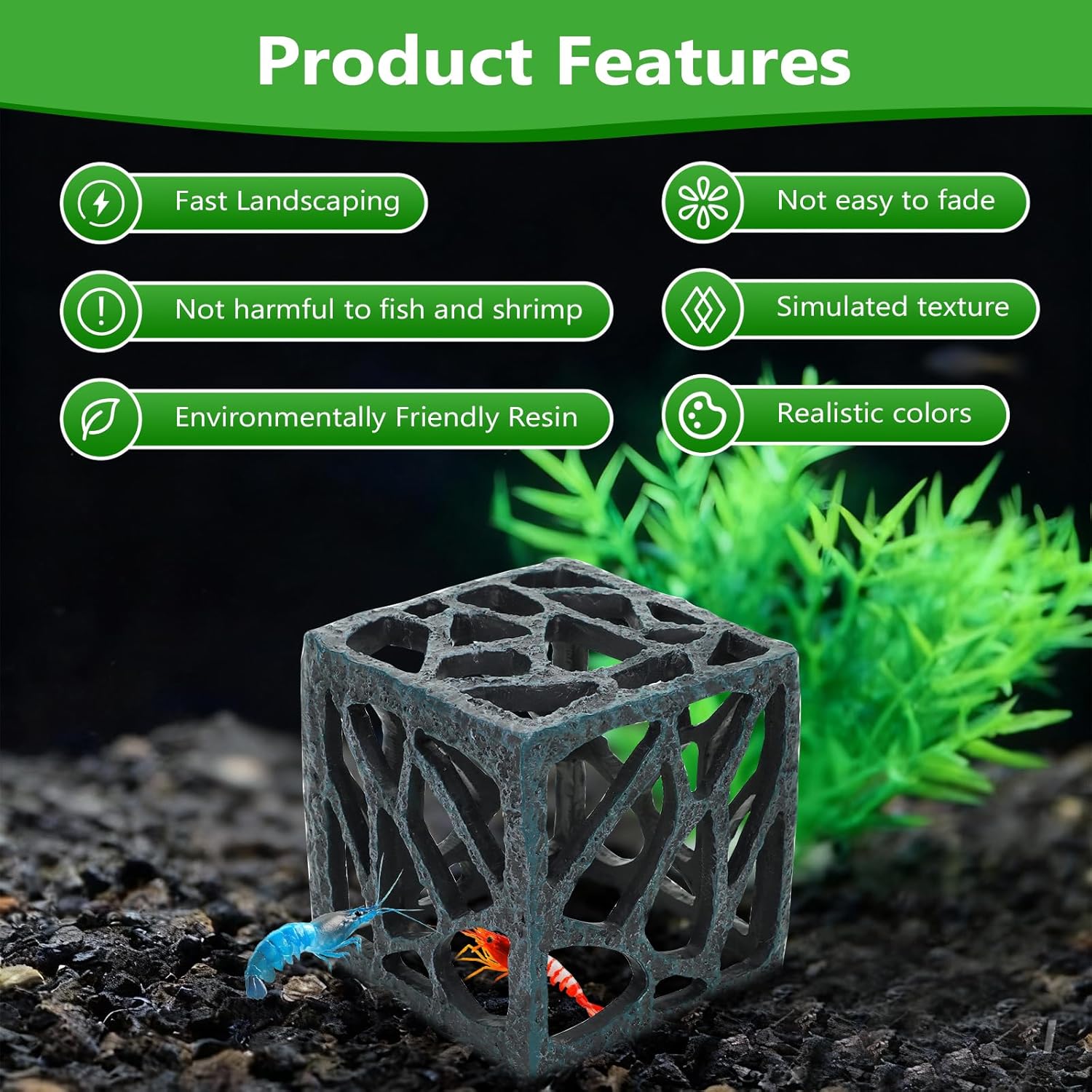 Cube Aquarium Decoration Resin-Modern Hollow Geometric Fish Tank Ornament for Shrimp & Plant Tanks-Approx. 4.1" L x 4.1" W x 4.1" H(Cube) - Happypetzone.online - Image 2