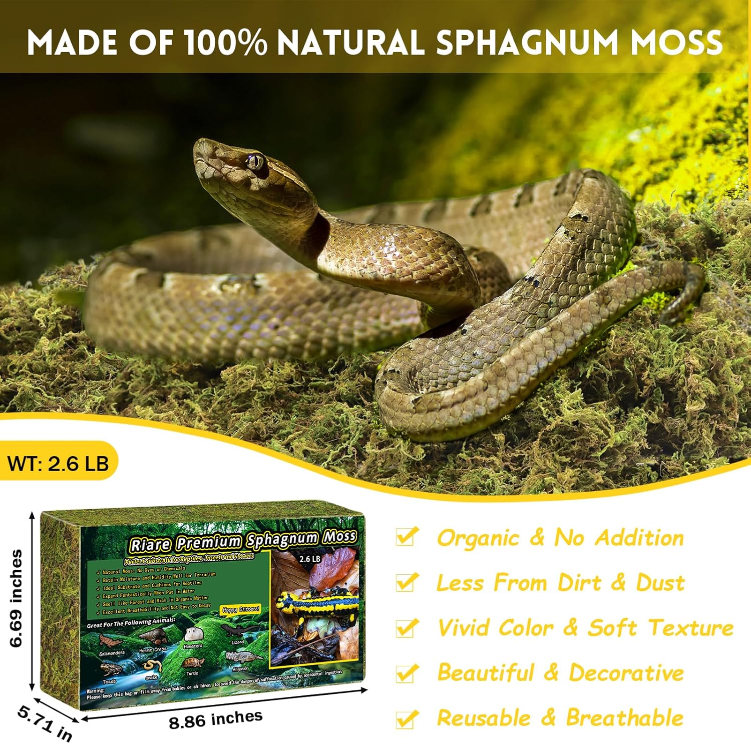 Riare 2.6LB Premium Sphagnum Moss for Reptiles- 100QT Natural Live Moss Reptile Moss Bedding for Terrarium, Hatching, Forest Sphagnum Moss Reptile Substrate for Snakes, Gecko, Turtles, Frogs, Leopard - Happypetzone.online - Image 2