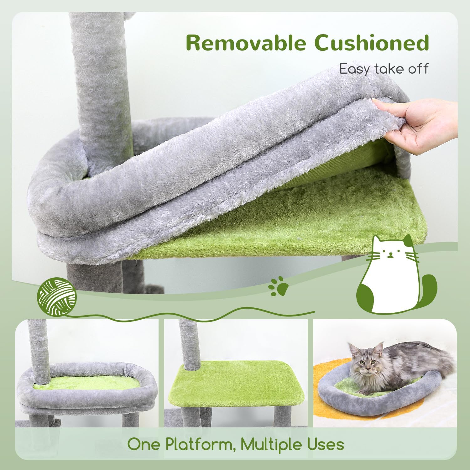 Globlazer Cat Tower for Indoor Adult Cats, 50-inch Heavy Duty Cat Tree House for Big Cats with Extra-Large Padded Platform, Sisal Scratching Board, 2 Large Condos, F50, Light Grey - Happypetzone.online - Image 4