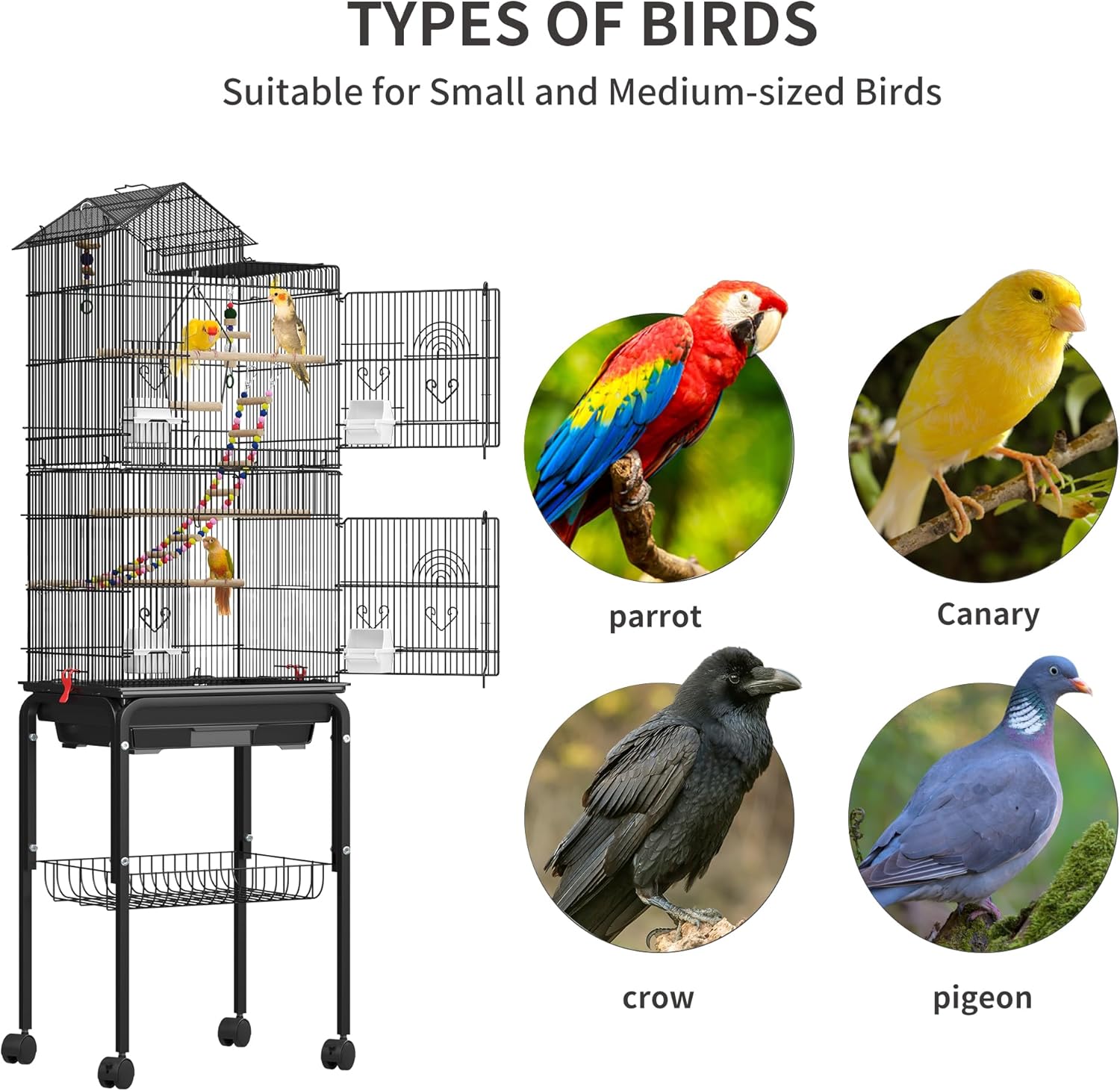 YITAHOME 62 Inch Large Bird Cage - Metal Flight Cage with Rolling Stand, Feeding Doors & Hanging Accessories for Parrots Cockatiels Conures Lovebirds Parakeets Small Birds - Happypetzone.online - Image 4