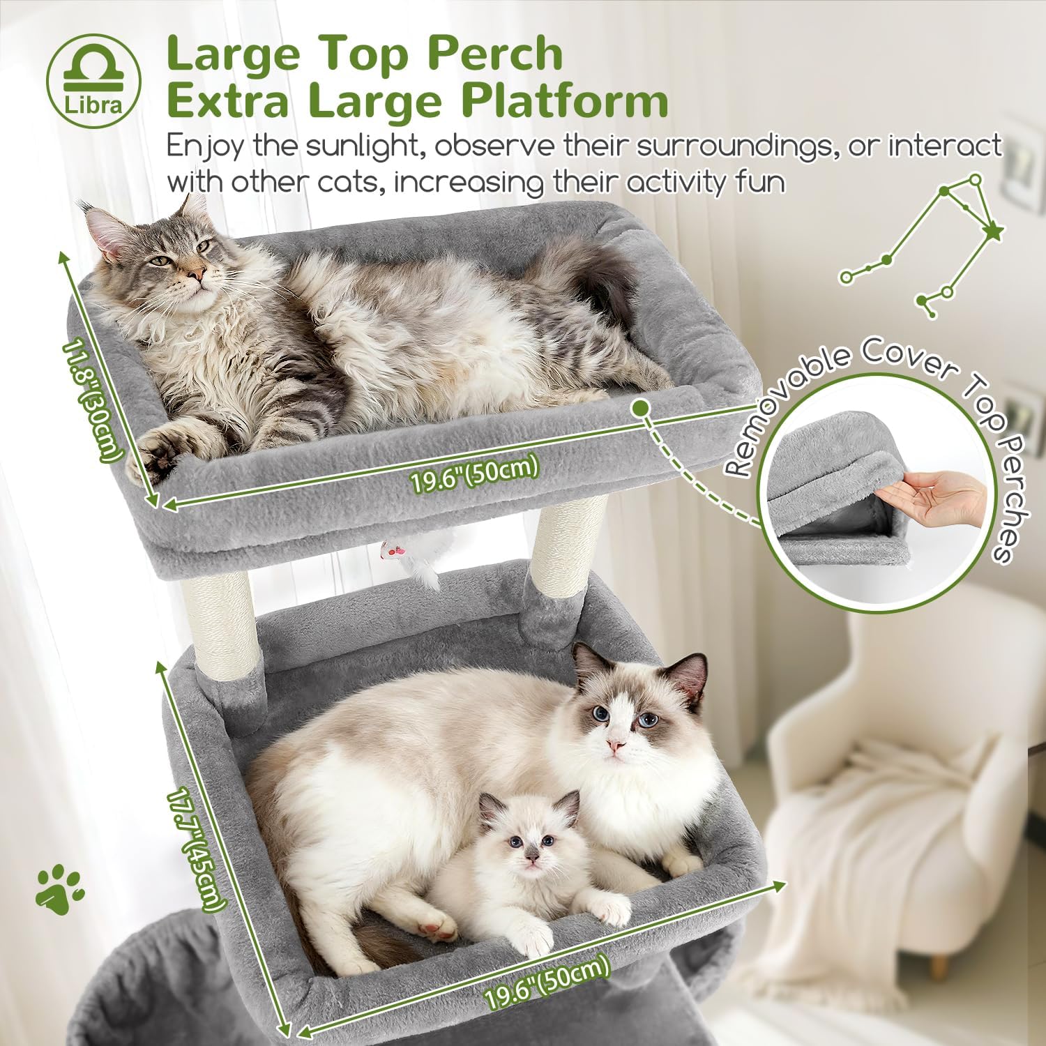 Globlazer Heavy Duty Cat Tree 78 inch Sturdy Cat Tower for 20lbs Large Adult Cats, Symmetrical Aesthetic Big Cat Tree with Extra Large Platform, 2 Scratching Boards, Z78, Light Grey - Happypetzone.online - Image 2
