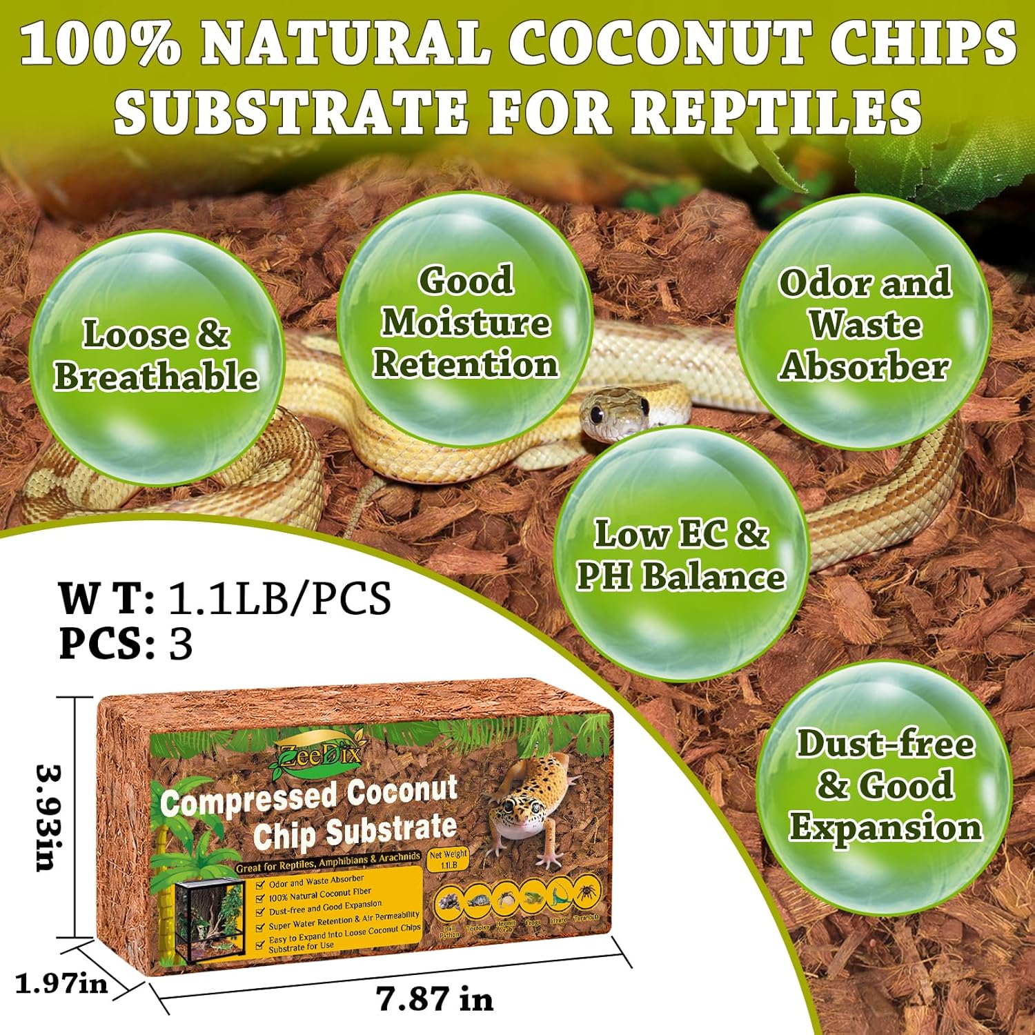 ZeeDix 3 Pack Coconut Husk for Reptiles, Organic Coconut Fiber Reptile Terrarium Substrate, Coco Husk Chips Reptile Bedding for Snakes, Tortoises, Ball Python, Geckos, Lizards, Hermit Crab, Tarantula - Happypetzone.online - Image 2
