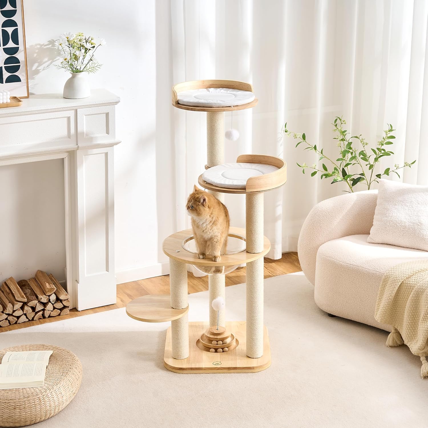 797Audio Modern Solid Wood Cat Tree Tower, 49" Tall Cat Tree with Sisal Scratching Posts and Capsule for Adult Cats, Natural Oak Wooden Cat Tower,Aesthetic Multi-Level Cat Climbing Tree for Indoor Cat - Happypetzone.online - Image 2
