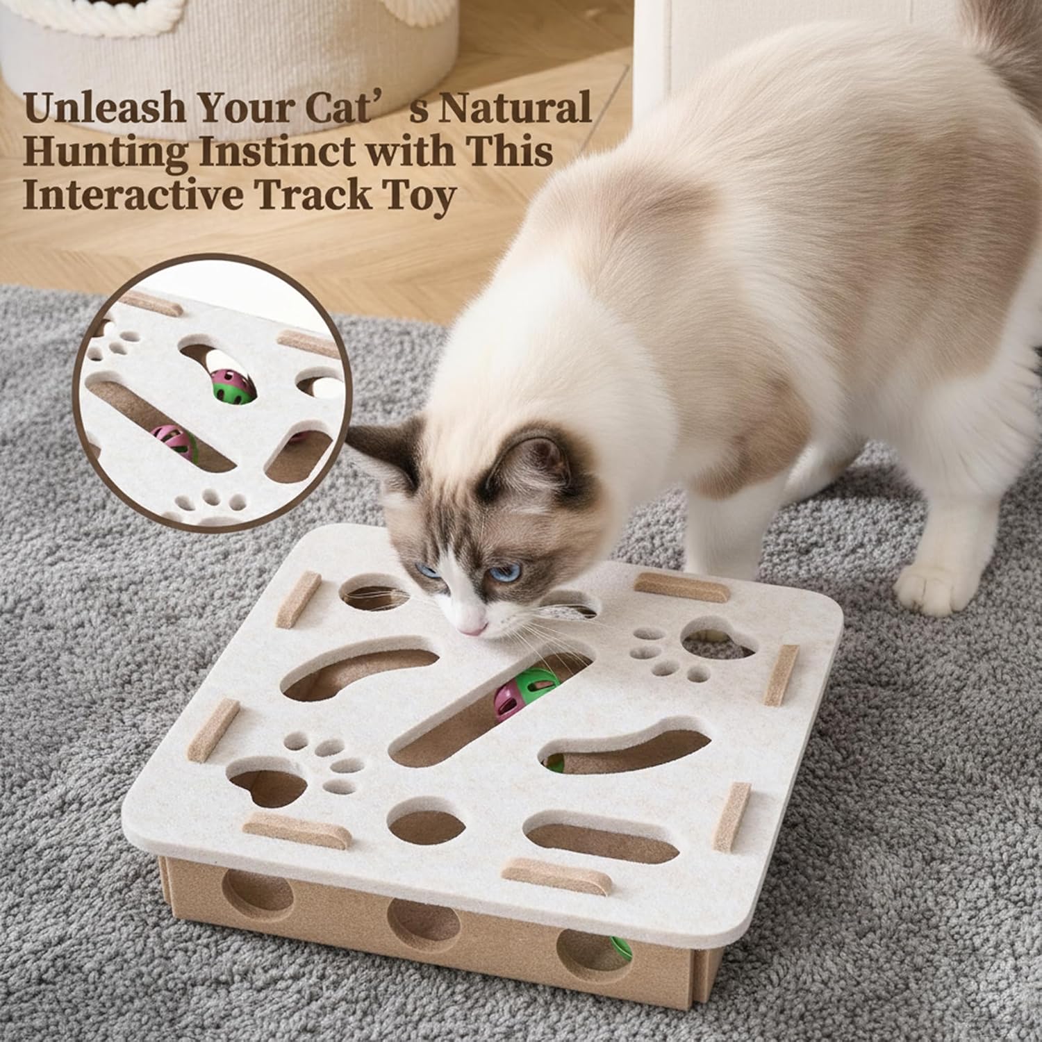 Interactive Cat Puzzle Feeder Toy - Felt Maze Box with 3 Jingle Balls for Indoor Cats Kittens | Mental Stimulation, Slow Feeding, Fun Exercise & Natural Hunting Instincts - Happypetzone.online - Image 7