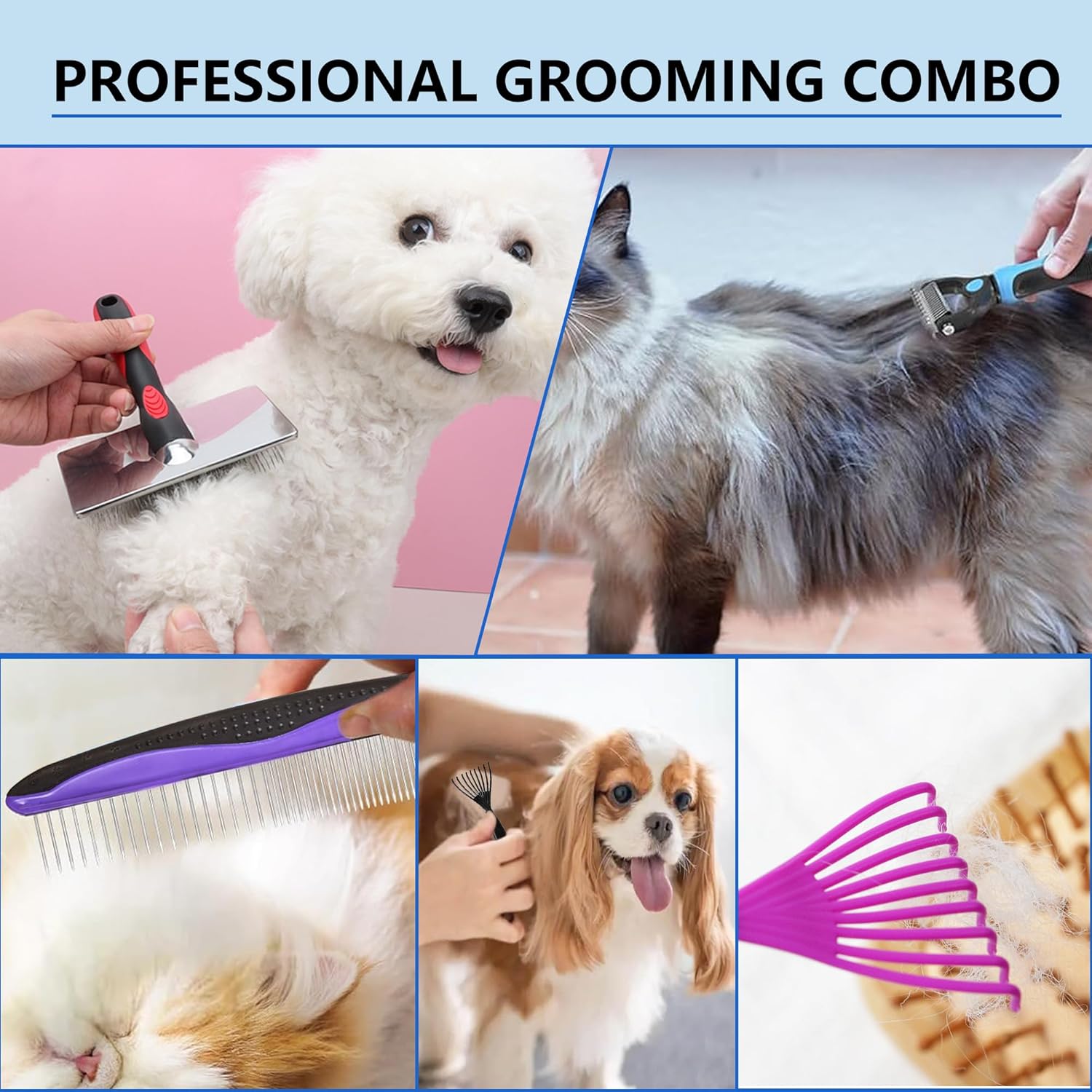 5-in-1 Dog & Cat Extra Long Pin Grooming Kit Slicker Brush for Large Dogs Cats Remove Loose Fur, Undercoat Brush for Shedding, Dematting Comb & Cleaner for Long Haired Pets - Happypetzone.online - Image 7