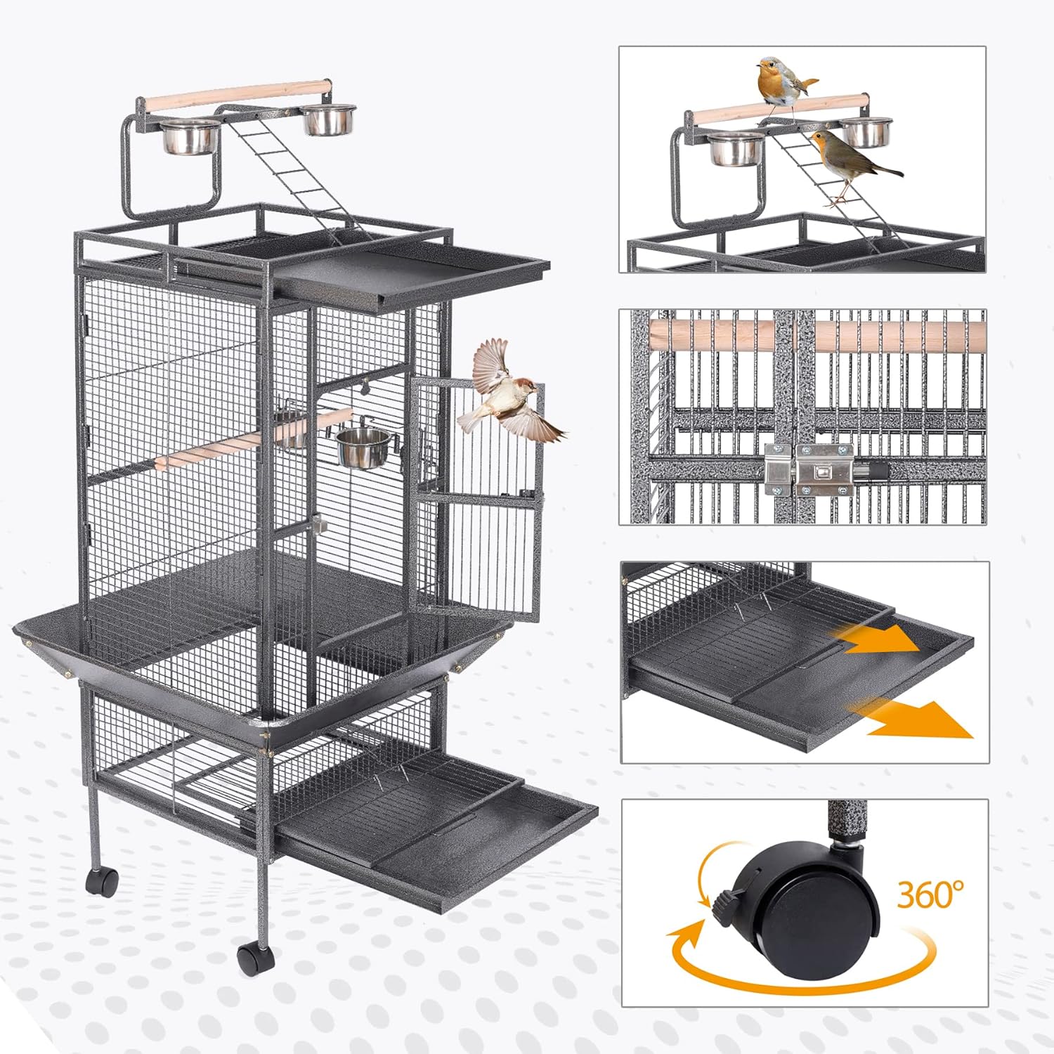 HSM 62 Inch Wrought Iron Large Bird Flight Cage with Rolling Stand for African Grey Parrot Cockatiel Sun Parakeet Conure Lovebird Canary… - Happypetzone.online - Image 6