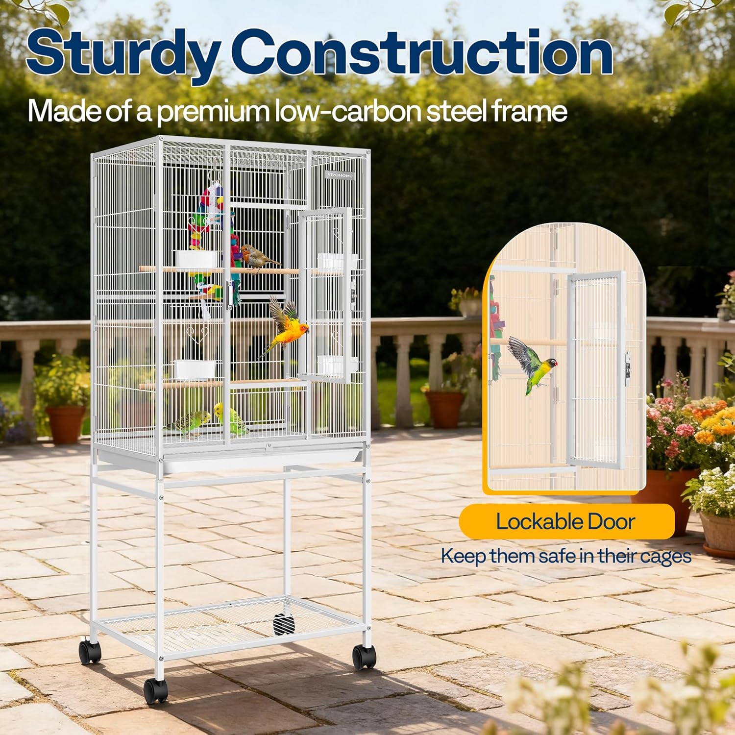 VIVOHOME 54 Inch Wrought Iron Large Bird Flight Cage with Rolling Stand for Parakeets Canaries Cockatiels Lovebirds Conures, White - Happypetzone.online - Image 5