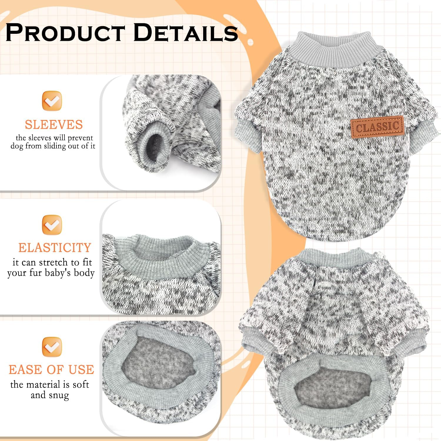 2 Pieces Dog Sweaters for Small Dogs Fall Dog Clothes Male Winter Fleece Pet Sweaters Warm Thick Puppy Outfit Small Dog Sweater for Boy Girl Dogs Teacup Dog, Yorkie, Chihuahua, Pug, XXS,Grey Navy - Happypetzone.online - Image 4