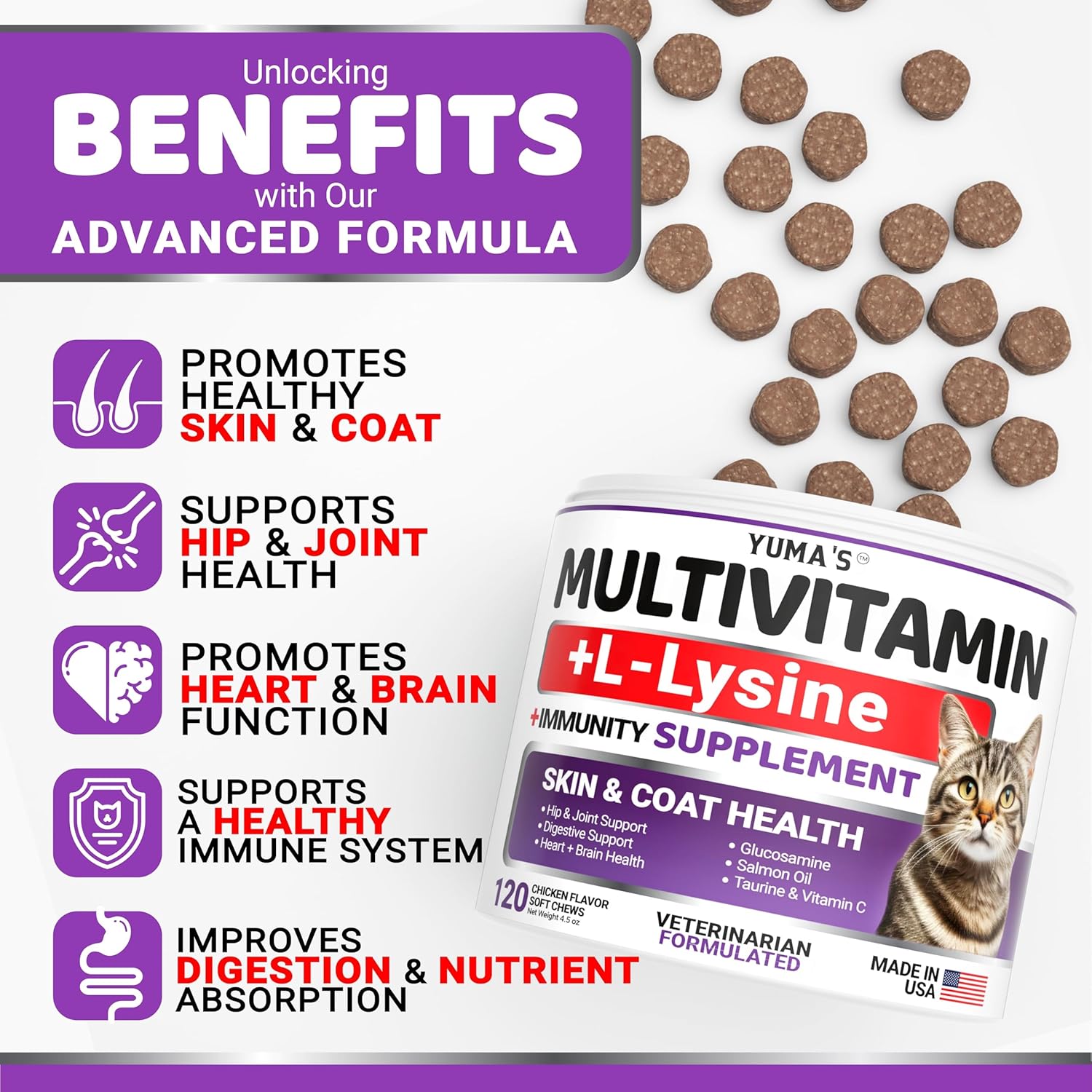 Cat Multivitamin Chews - Cat Vitamins and Supplements - Taurine & Lysine for Cats - Omega-3, Glucosamine, Cranberry - Skin & Coat, Hip & Joint Support - Immune Health, Skin, Heart, Digestion - Happypetzone.online - Image 2