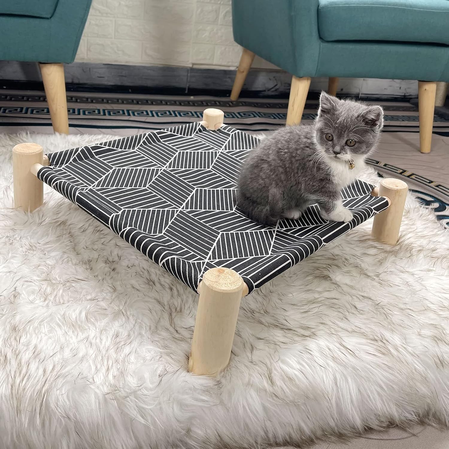 Pozico Cat/Dog Bed Hammock Cat Bed, Wooden Dog Elevated Indoor Outdoor Beds, Raised Cat Cots Furniture Pet Bed Puppy Bed Portable Breathable Mesh Cat Beds for Small Animals-Black Diamond - Happypetzone.online - Image 6